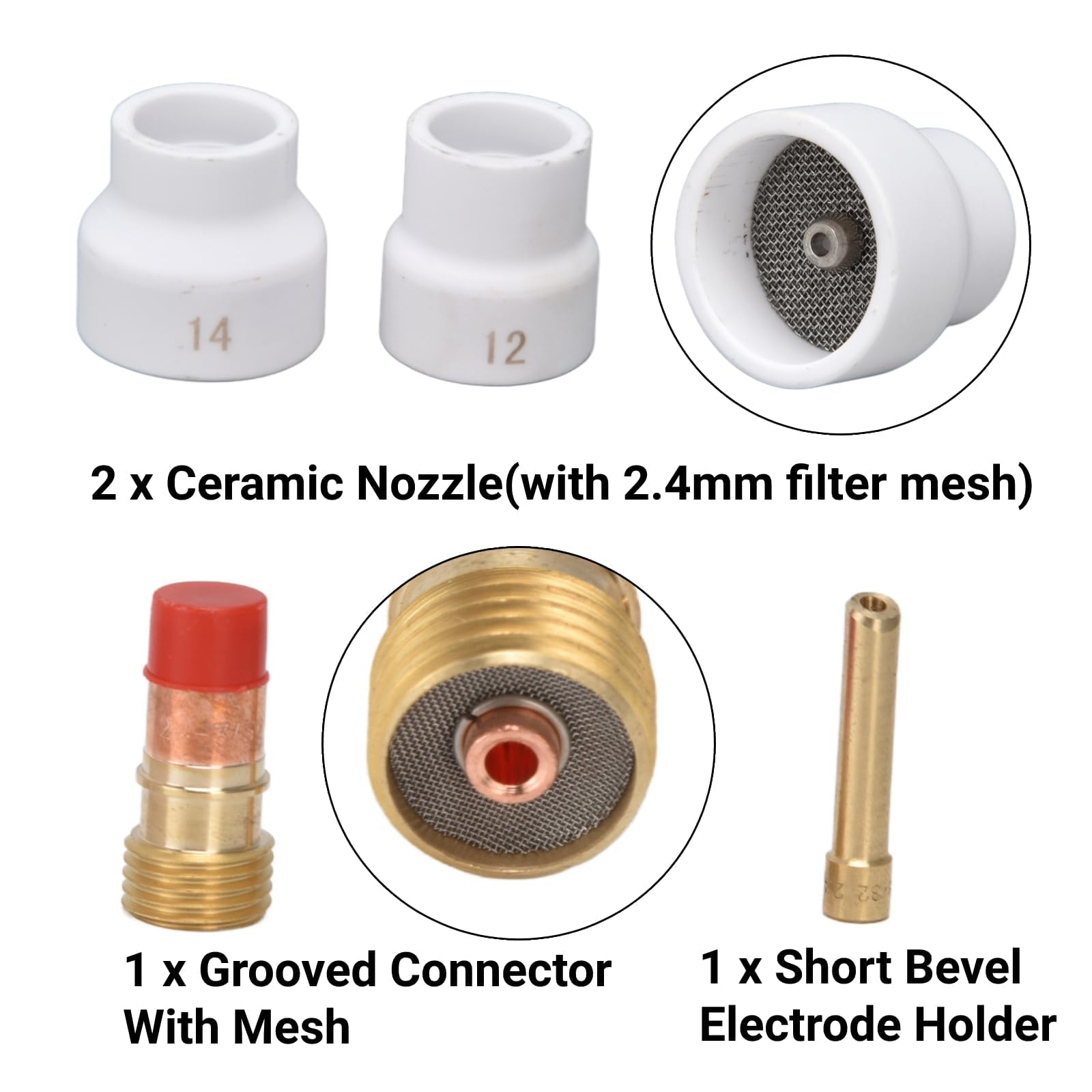 4 Pièces Kit de Lentilles à Gaz Buse en Céramique Blanche Connecteur de Porte-électrode à Biseau Court Accessoires de Soudage TIG pour WP 17 18 26
