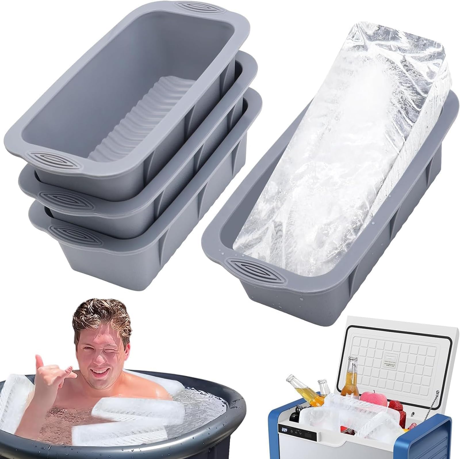 Large Ice Block Mold, 4 Pcs Silicone ice Cube Molds, Reusable Ice Cube Tray,Total 4.4 Lb Ice Block for Cold Plunge or Coolers & Bath(Grey)