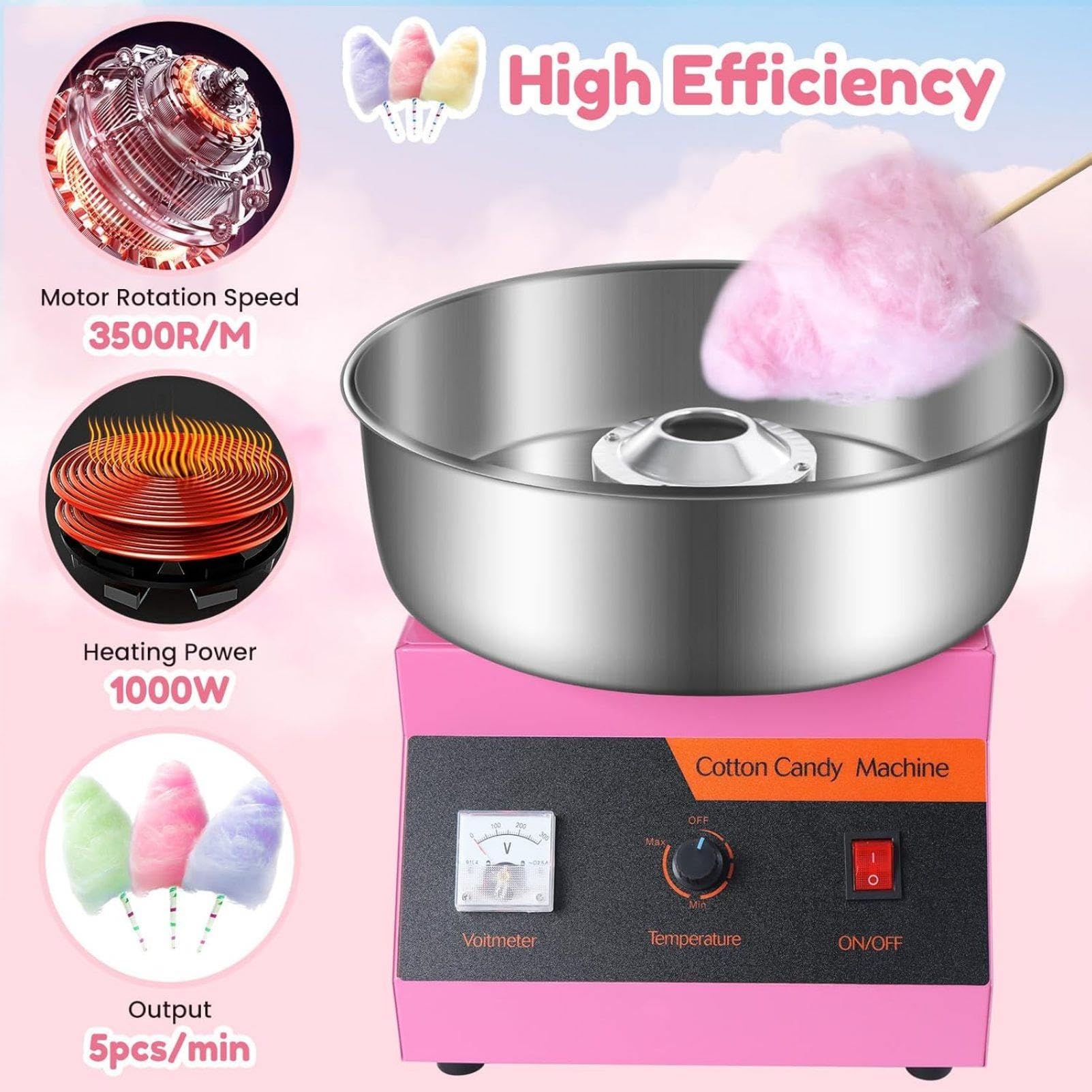 Máquina De Algodón De Azúcar Profesional Ø 52 Cm Máquina De Algodón De Azúcar Prepare Malvaviscos Rápidamente para Bocadillos De Cocina De Fiesta Divertidos
