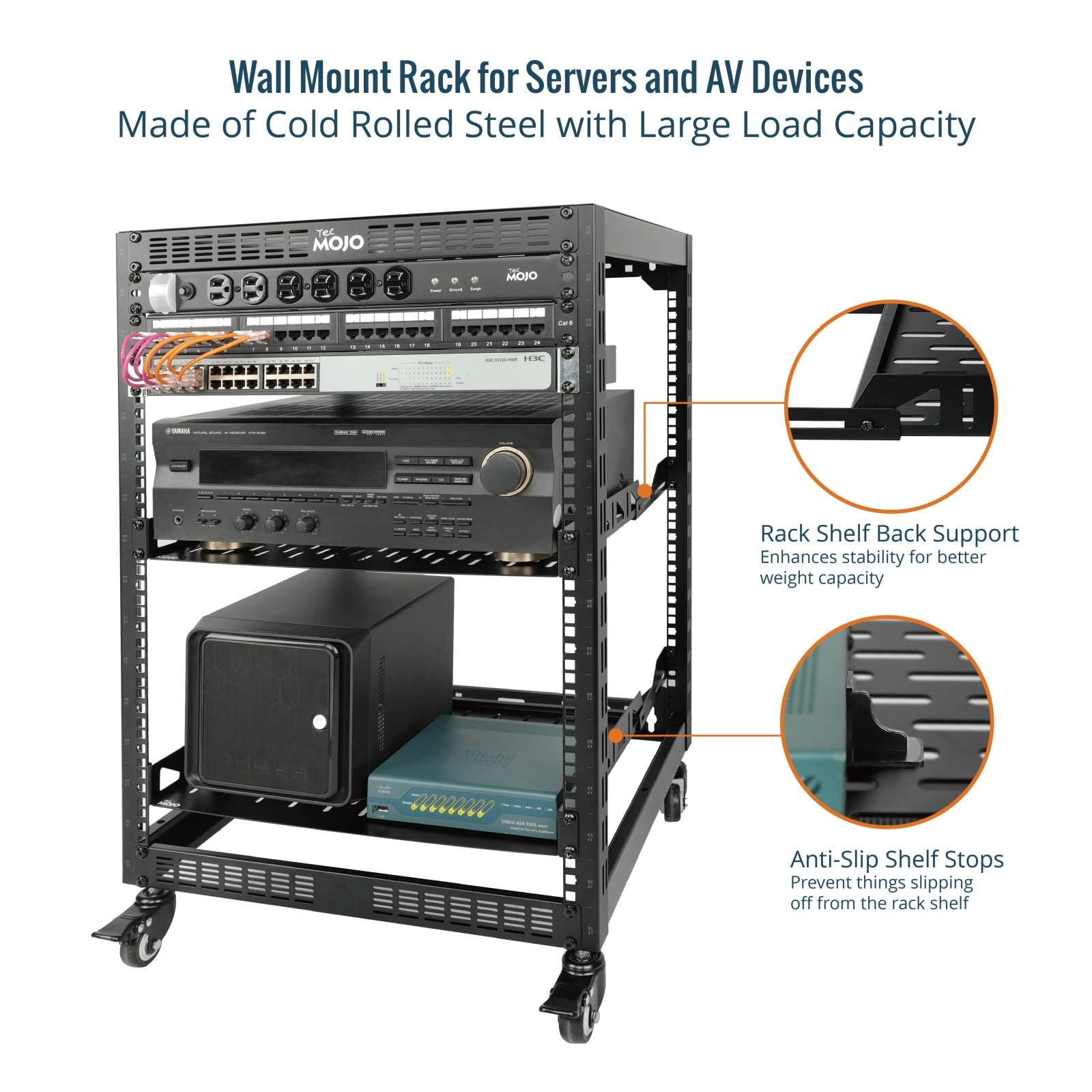 Tecmojo 19 Zoll 16HE Open Frame 19-Zoll-Netzwerk-Rack für Server und AV-Geräte, Stand- und Wandmontage möglich, Netzwerk-Schrank 4-Pfosten mit Rollen, mit 2 x 1HE-Einlegeböden und Montagematerial