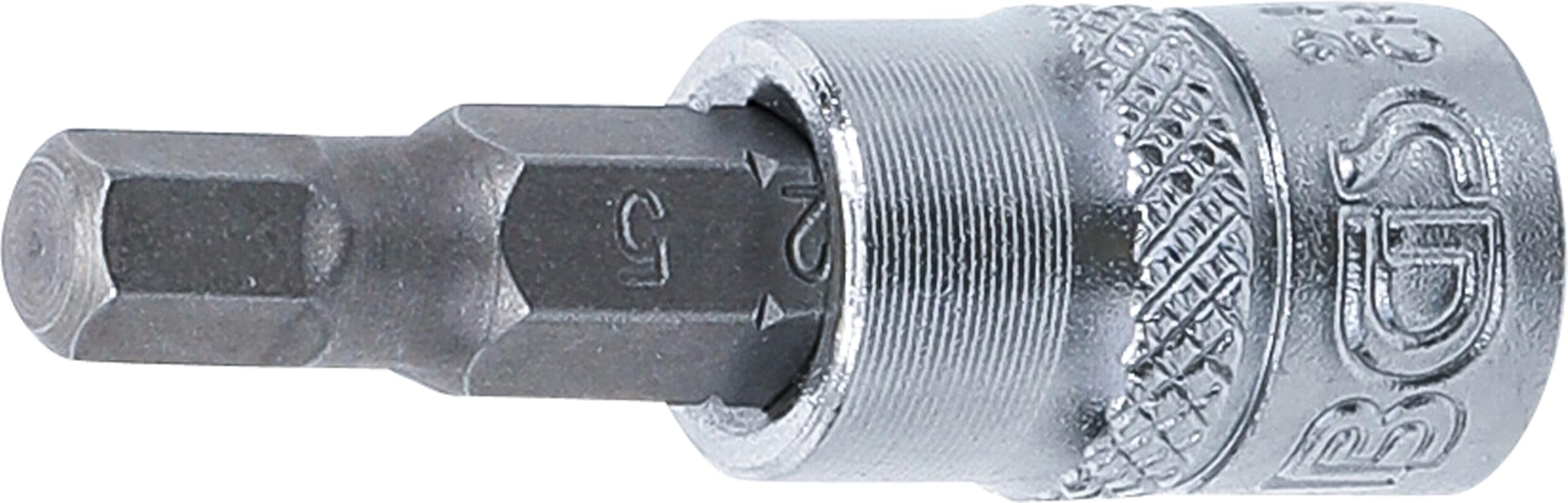 BGS 2499 | Punta de vaso | entrada 6,3 mm (1/4") | hexágono interior 5 mm | Accionamiento cuadrado interior de 6,3 mm (1/4") | longitud 38 mm | acero al cromo vanadio | cromado mate | con moleteado