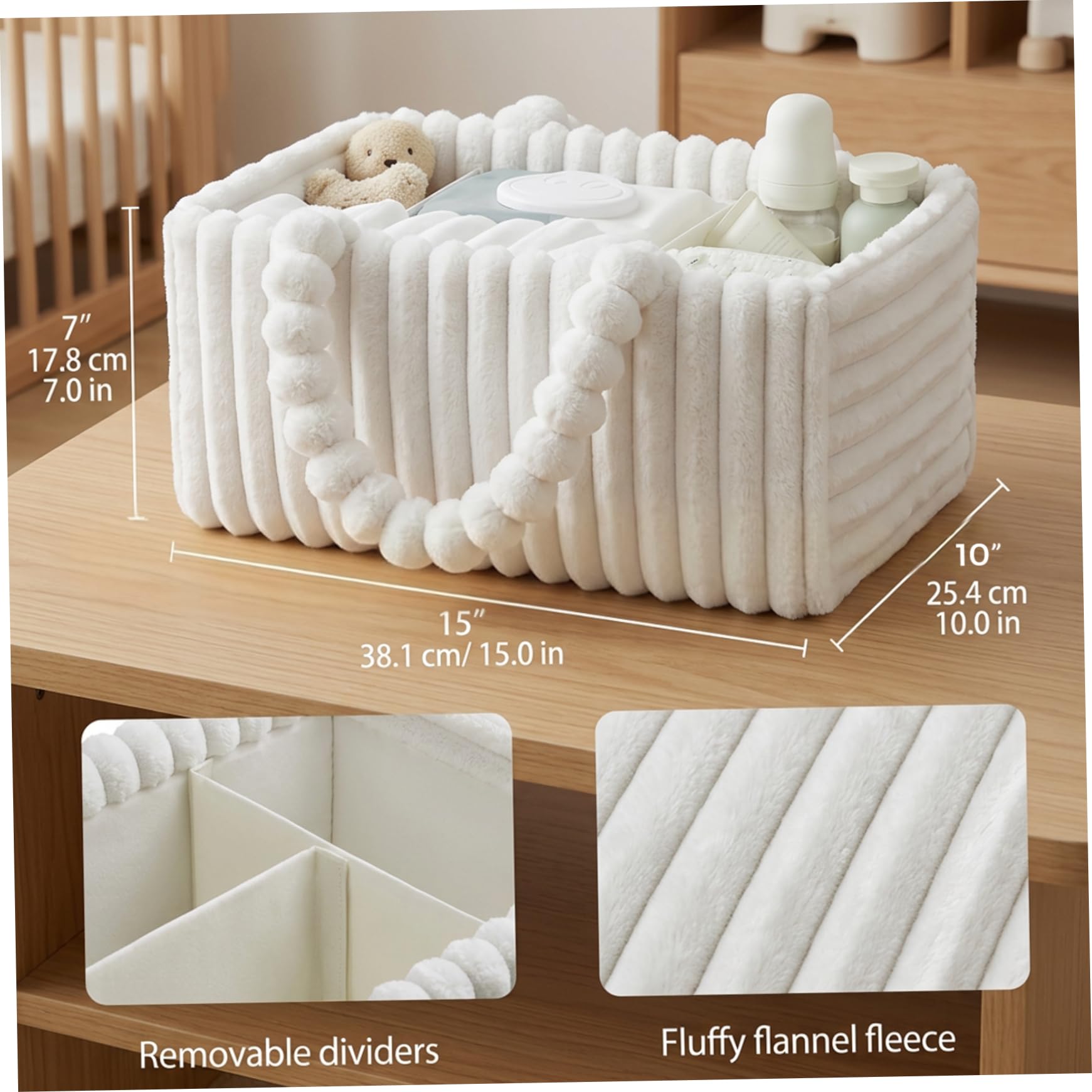 Portapannolini per bambini, Portapannolini portatile con divisori rimovibili, Contenitore in morbida flanella per oggetti essenziali, giocattoli e forniture per bambini, Bianco