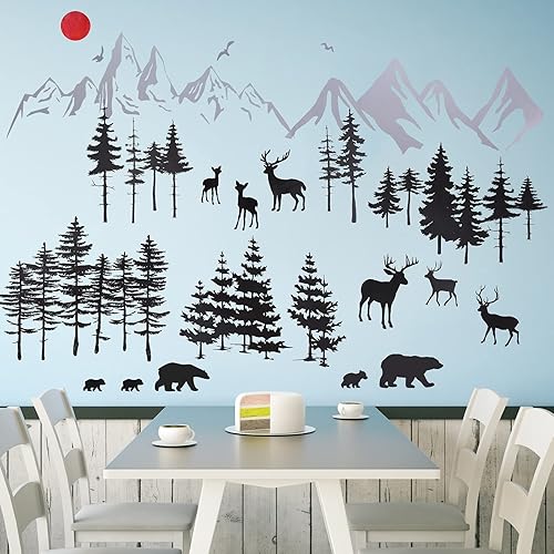 Miniatura 6 de 3 hojas de calcomanías de pared de oso de bosque de montaña, calcomanías de pared de pinos, árboles de bosque, calcomanías de pared de ciervos y
