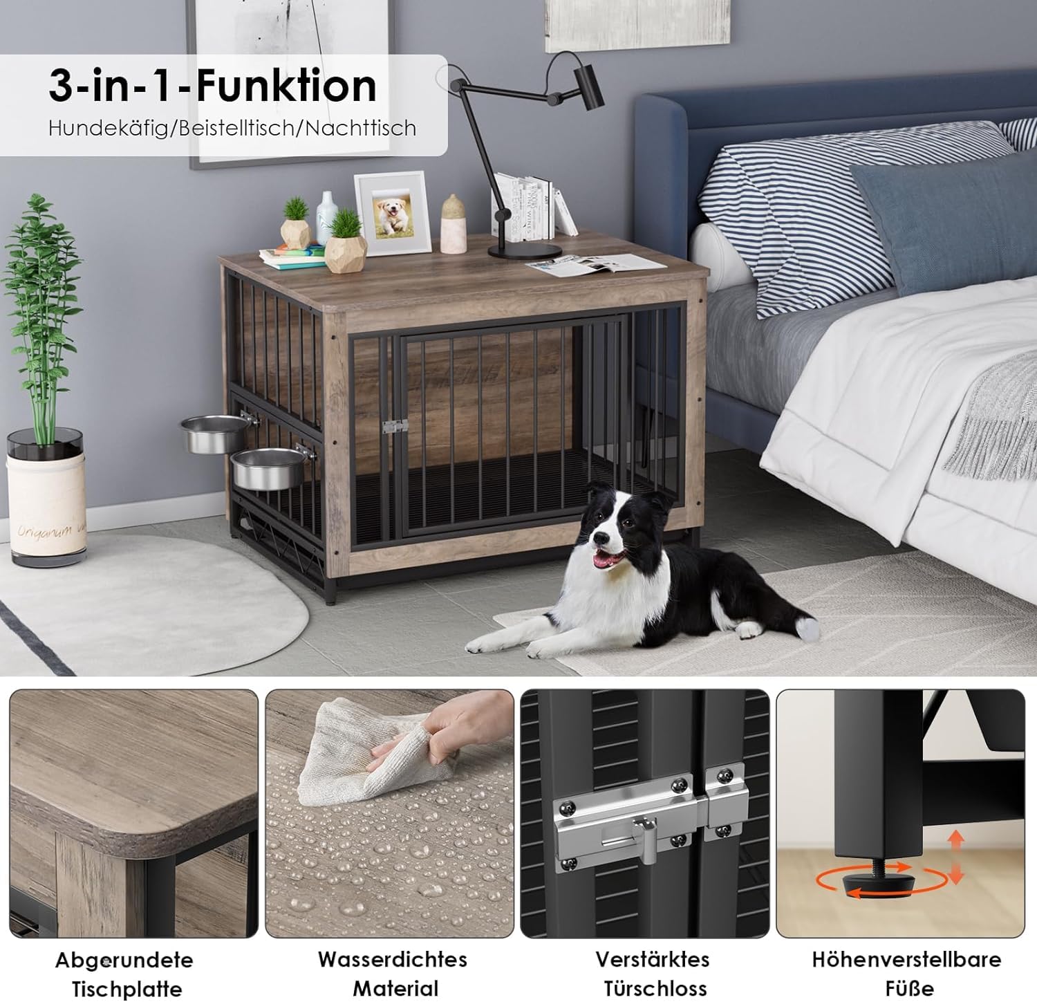 Gabbia per Cani da Interno, 93x64x58 cm, Kennel Medio Piccolo, Casetta Con 2 Ciotole e Porte, Vassoio Estraibile, per Cani di Piccola Media Taglia fino a 40 kg, Grigio