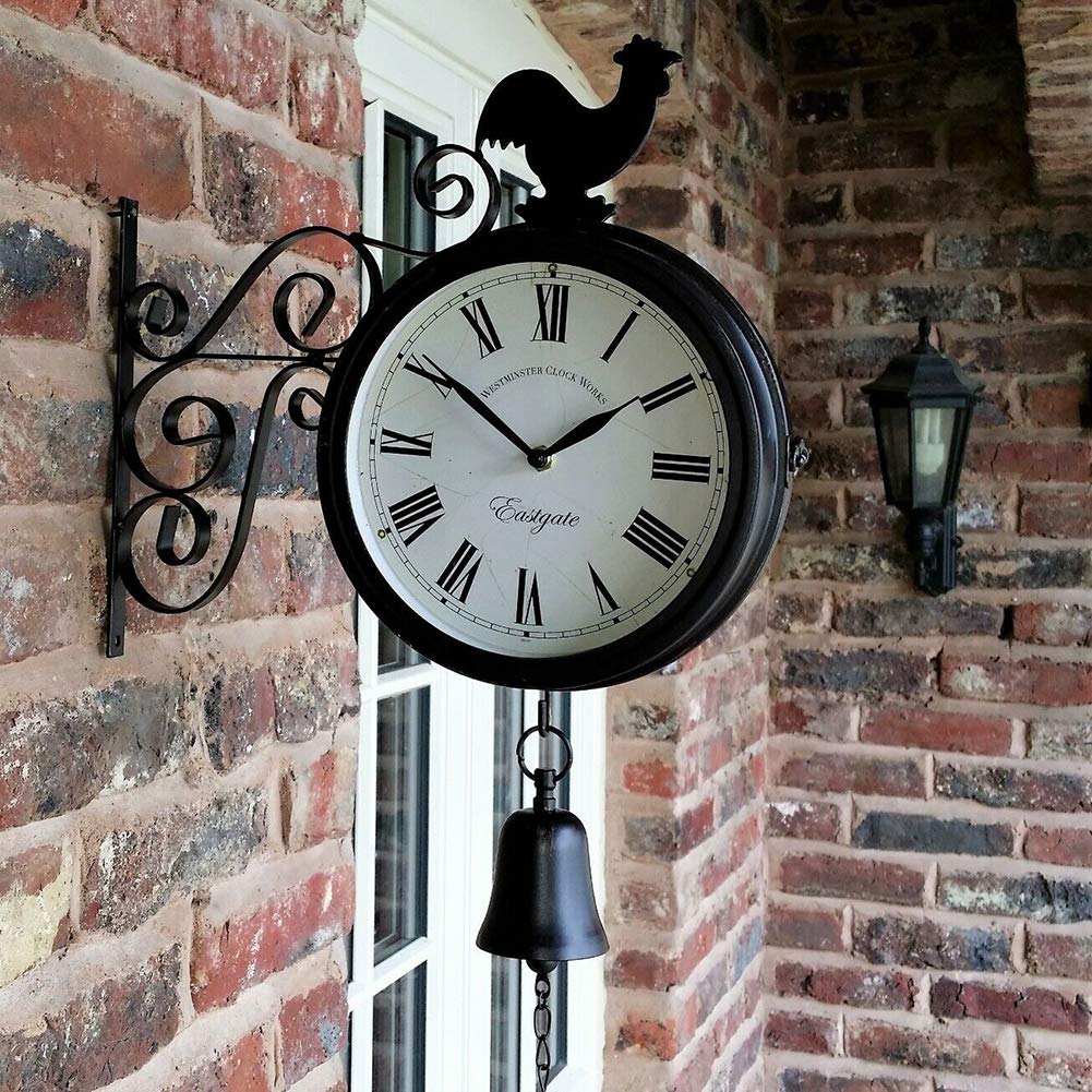 Horloge murale double face - Horloge de gare - Étanche - 30 x 37 x 9 cm - Avec design en fer forgé - Style rétro - Pour gare, couloir ou jardin - Noir