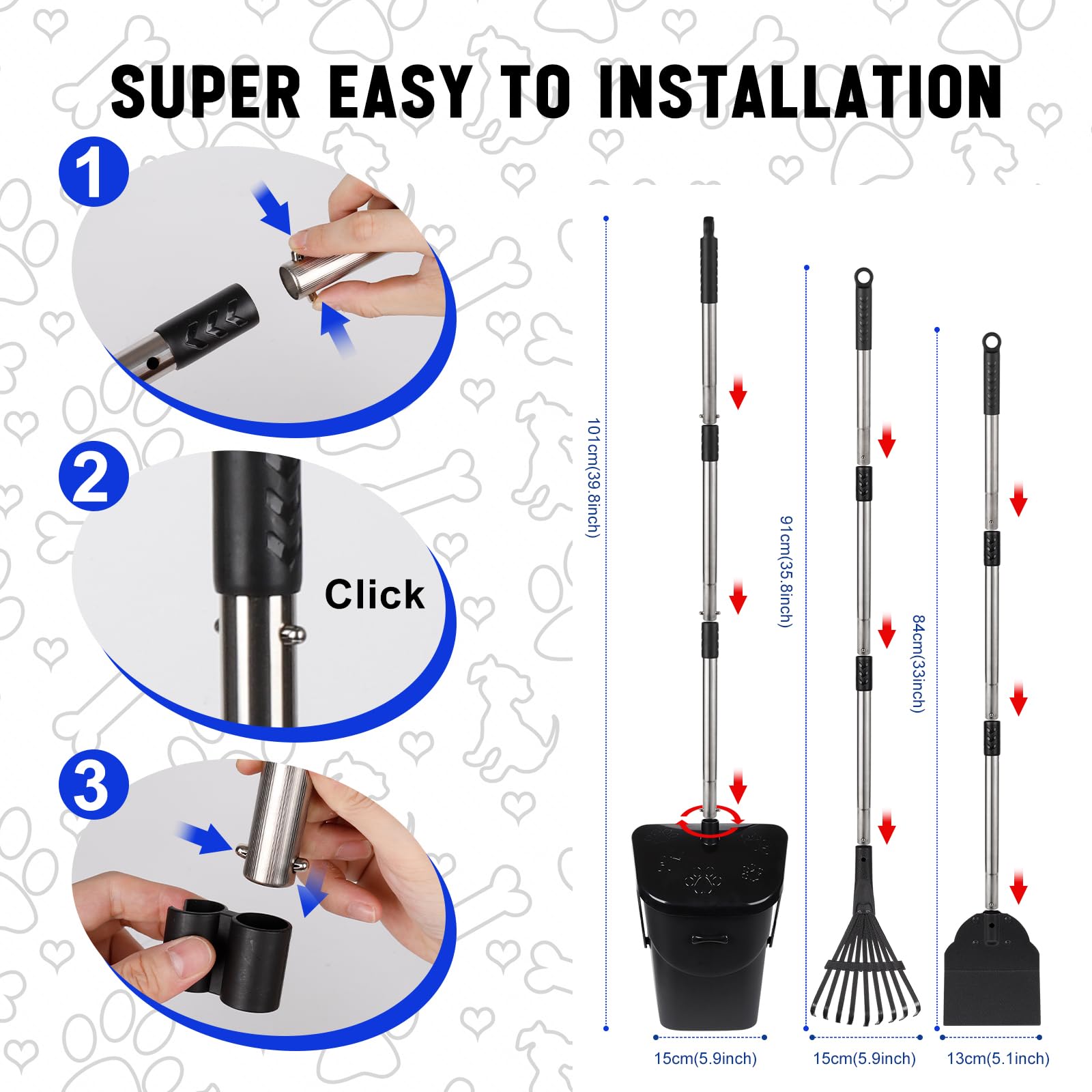 3 Pack Hundekotschaufel, 100CM Länge Griff Pooper Scooper Dreheimer, Rechen und Spaten mit 20 Abfallbeuteln & Haken Tragbarer Poop Scooper ohne Bücken für große mittlere kleine Hunde
