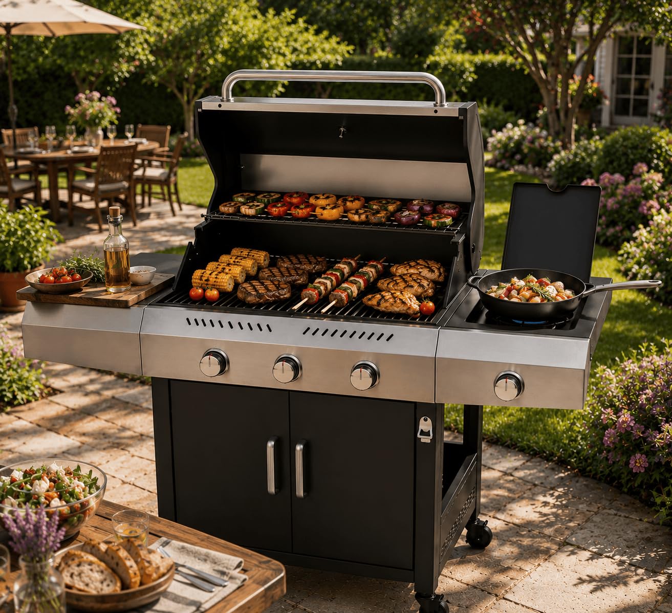 Barbecue a Gas Professionale XXL Da 13 kW con 4 Bruciatori in Acciaio Inox 304 Con Fuoco Laterale Termometro Coperchio Doppio Griglia Di Cottura 65 x 42 Cm Scaldavivande Ruote 135 × 50 × 120 Cm Nero