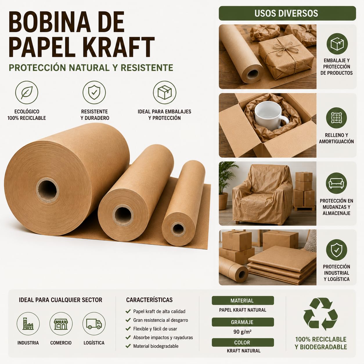 Bobina de Papel Kraft Marrón | Rollo de 110 cm de Ancho x 350 M.L. de Longitud | Gramaje de 80g/m² | Material Reciclable y Biodegradable | Ideal para Embalar, Empaquetar y Manualidades