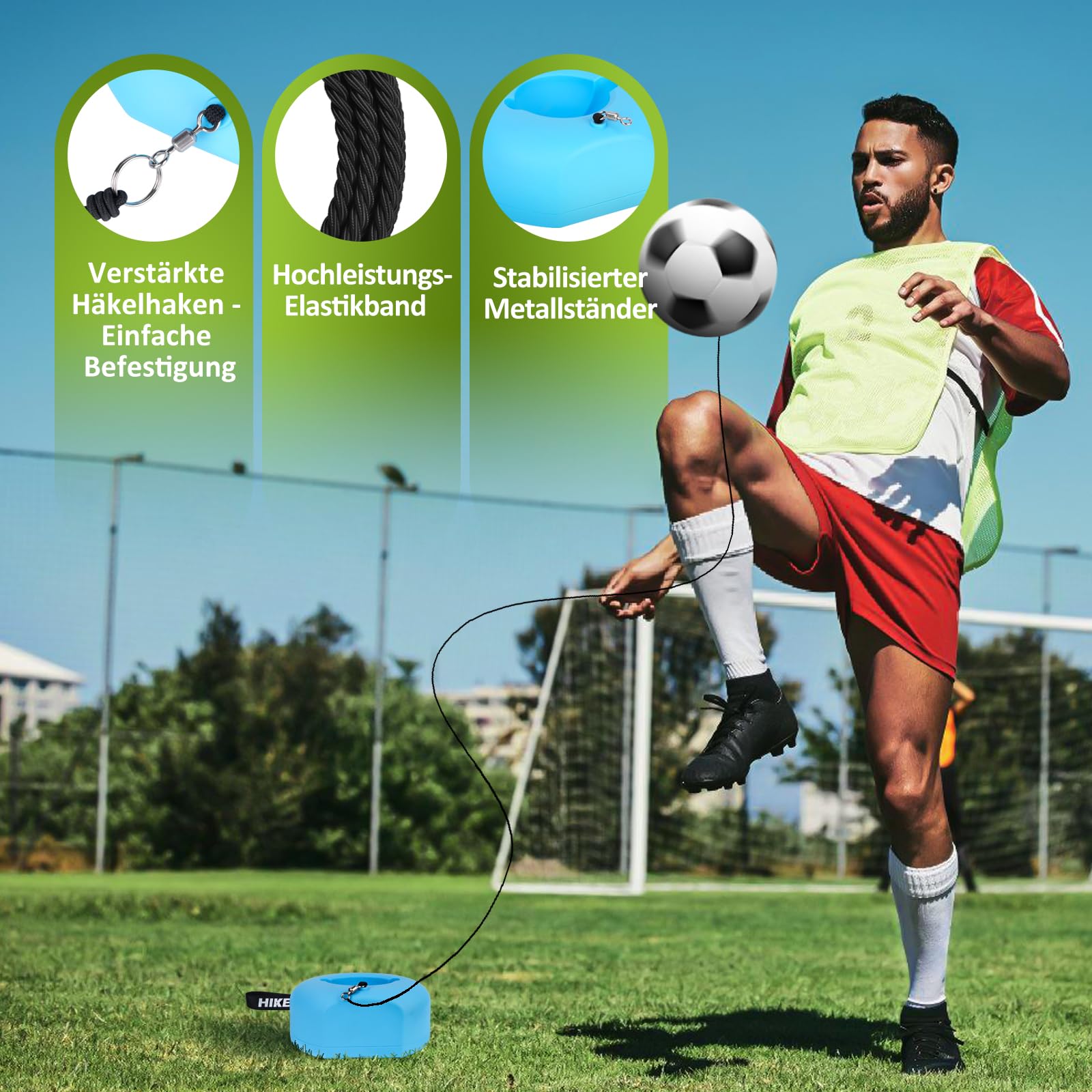 Hikeen Fußball Trainingsset mit Rückprallball: Tragbares Fussball Trainingszubehör für Jugendliche und Erwachsene, Fußball Sachen und Metallfuß für im Fußballplatz Garten, oder Park