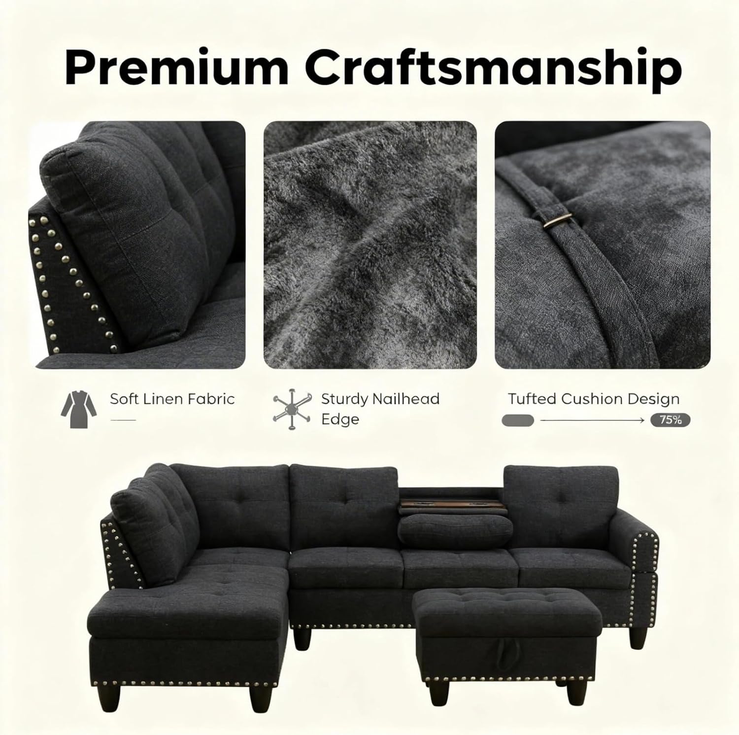 L-Shape Sofa with Storage Ottoman & Reversible Coffee Table, Linen Sectional Couch with Left Chaise, 3-Piece Sofa Set for Living Room, Upholstered Couch Set with Solid Wood Frame, Black Grey