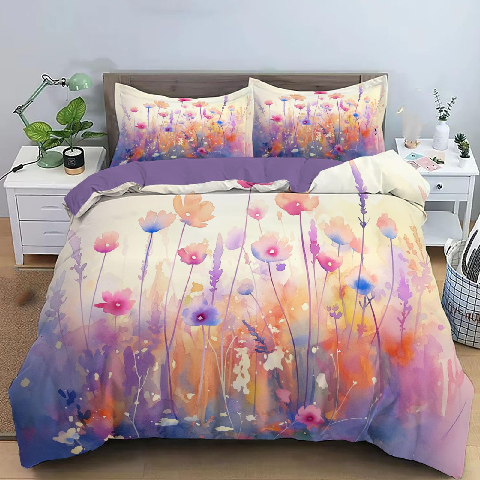 Housse de couette violette fleurs sauvages pour lit double de campagne