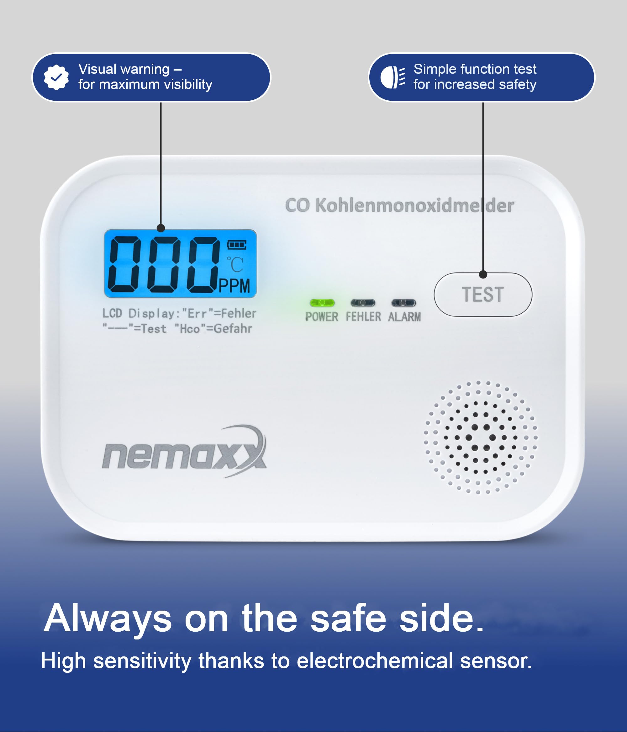 NEMAXX® CM18 Czujnik Tlenku Węgla/Alarm CO z Wyświetlaczem LCD – 85 dB, Sensor Elektrochemiczny, EN 50291-1:2018, Przycisk Testowy, 3× Baterie AA LR6, Żywotność Produktu 10 Lat – Zestaw 3 szt.