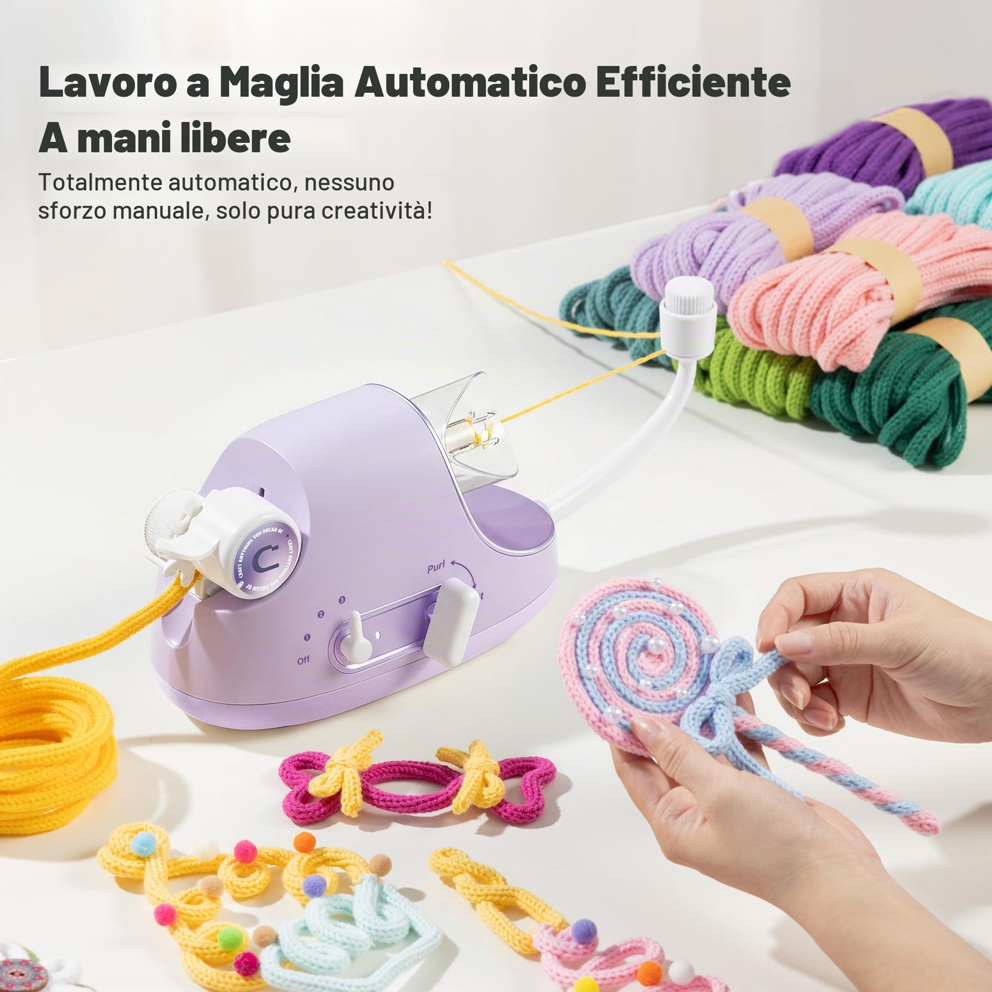 Caydo Macinino per maglieria, macchina per maglieria elettrica Pro, molto efficiente, produzione automatica di tubi per maglieria, filo decorativo a velocità regolabile (brevettato)