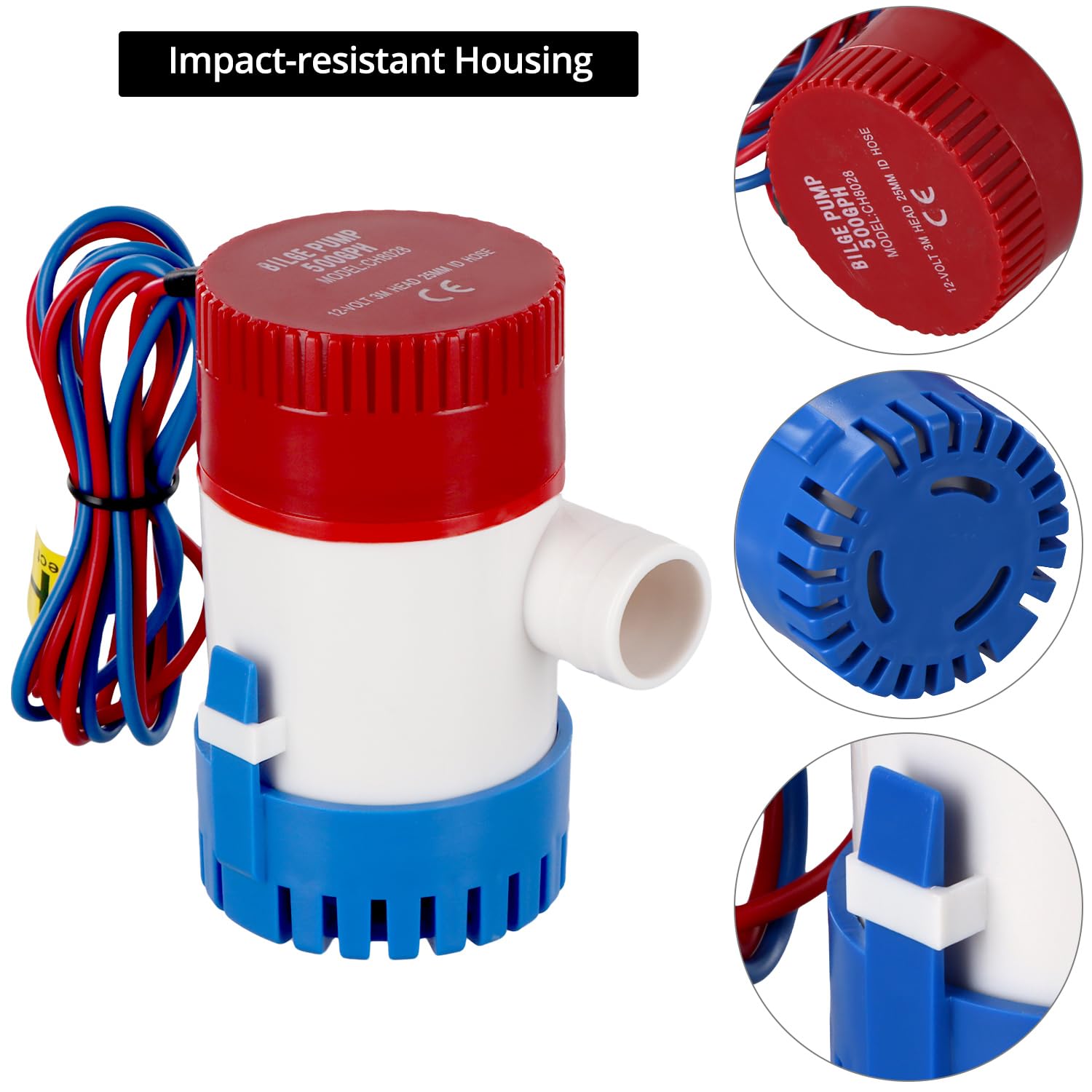 QWORK® 12 V 500GPH pompa zęzowa do łodzi, jachtów, przyczep kempingowych, pompa głębinowa do słodkiej, słonej i brudnej wody