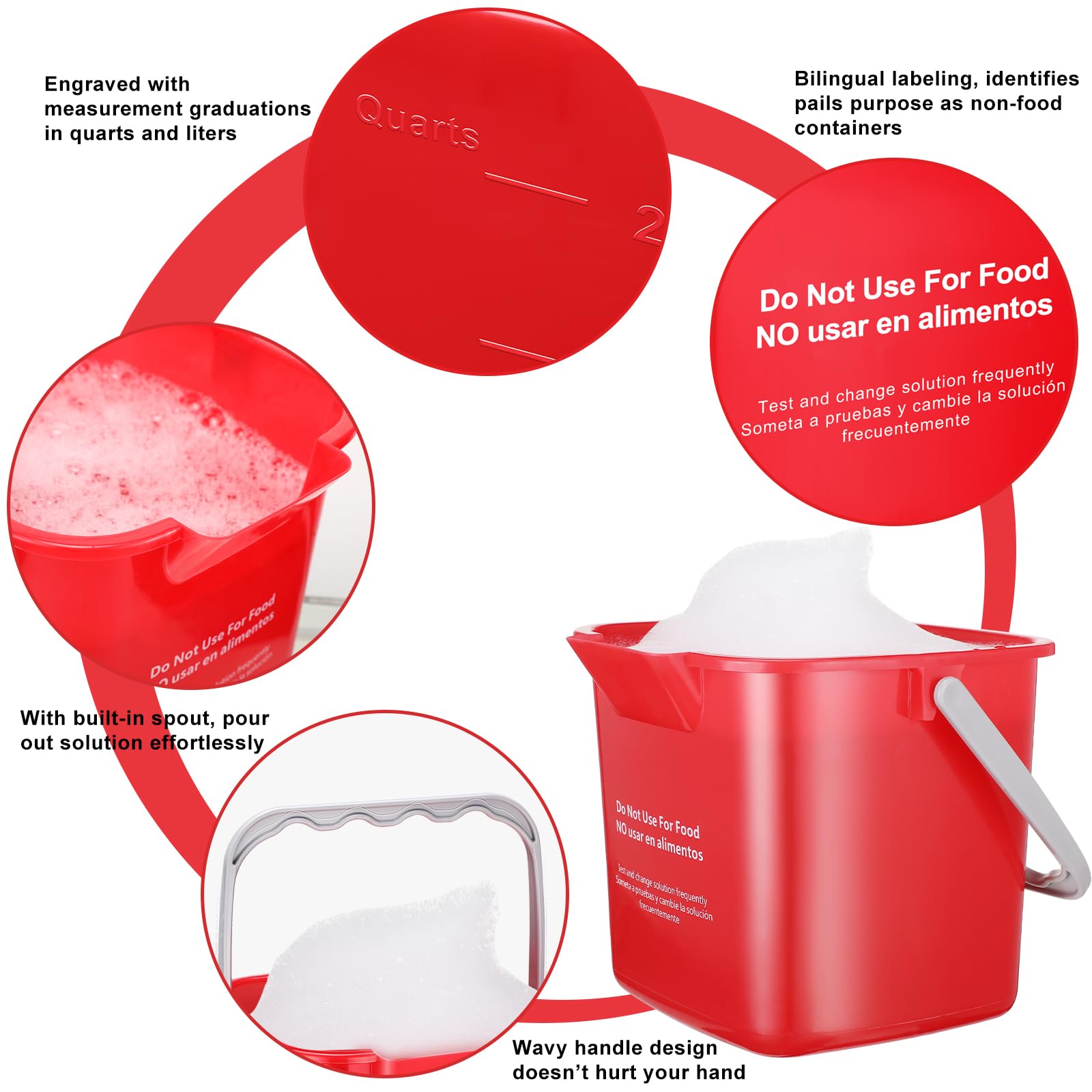 Uiifan 6 cubos de limpieza de 8 cuartos de galón, cubo cuadrado de desinfección pequeño para detergente para el hogar, comercial, restaurante, cocina, oficina, escuela (rojo y verde)