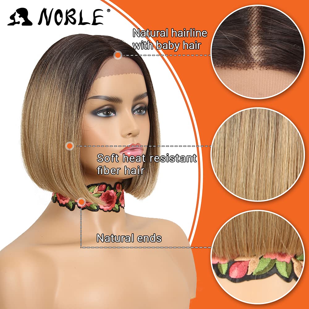 NOBLE Bob Wigs for Women Short T Part HD Lace Front Wigs Ombre Brown Blonde Synthetic Blunt Cut Bob Lace Front Wigs for Party and Daily Use 10 Inch - Image 2