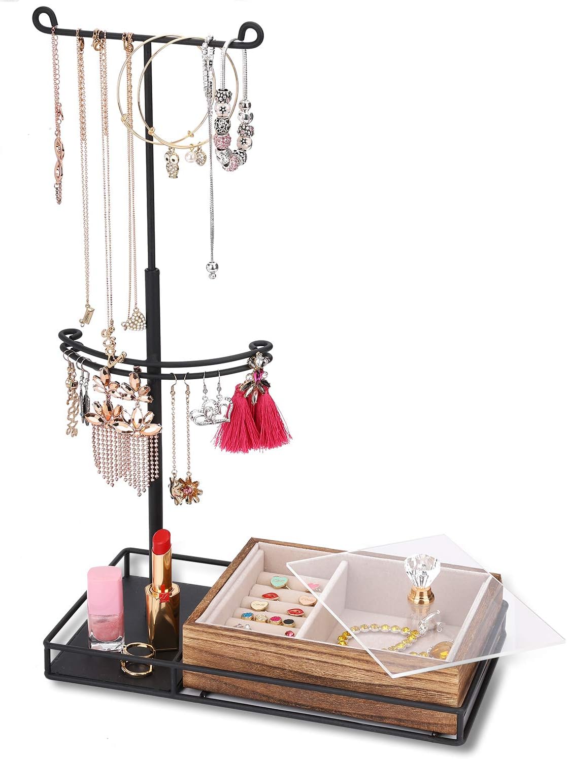 Keebofly Jewelry Organizer - 2 Tier Jewelry Holder Stand Metal & Large Storage Jewelry Box for Necklaces Bracelet Earrings Ring - Carbonized Black