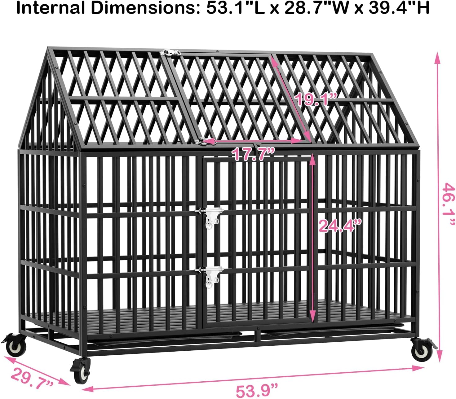 54 inch Heavy Duty Dog Crate with 2 Bowls, Indestructible Escape Proof Cage Kennel with 4 Wheels, 2 Trays and 2 Doors, Extra Large Crate Indoor for High Anxiety Large Giant Dogs, XXL