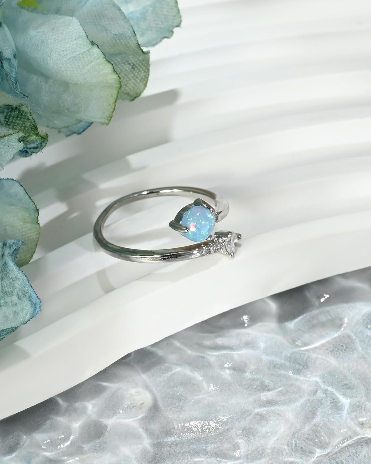Blue Opal Cubic Zirconia Open Ring Dainty Adjustable Promise Stacking Silver Rings for Women Opal Jewelry - Image 5