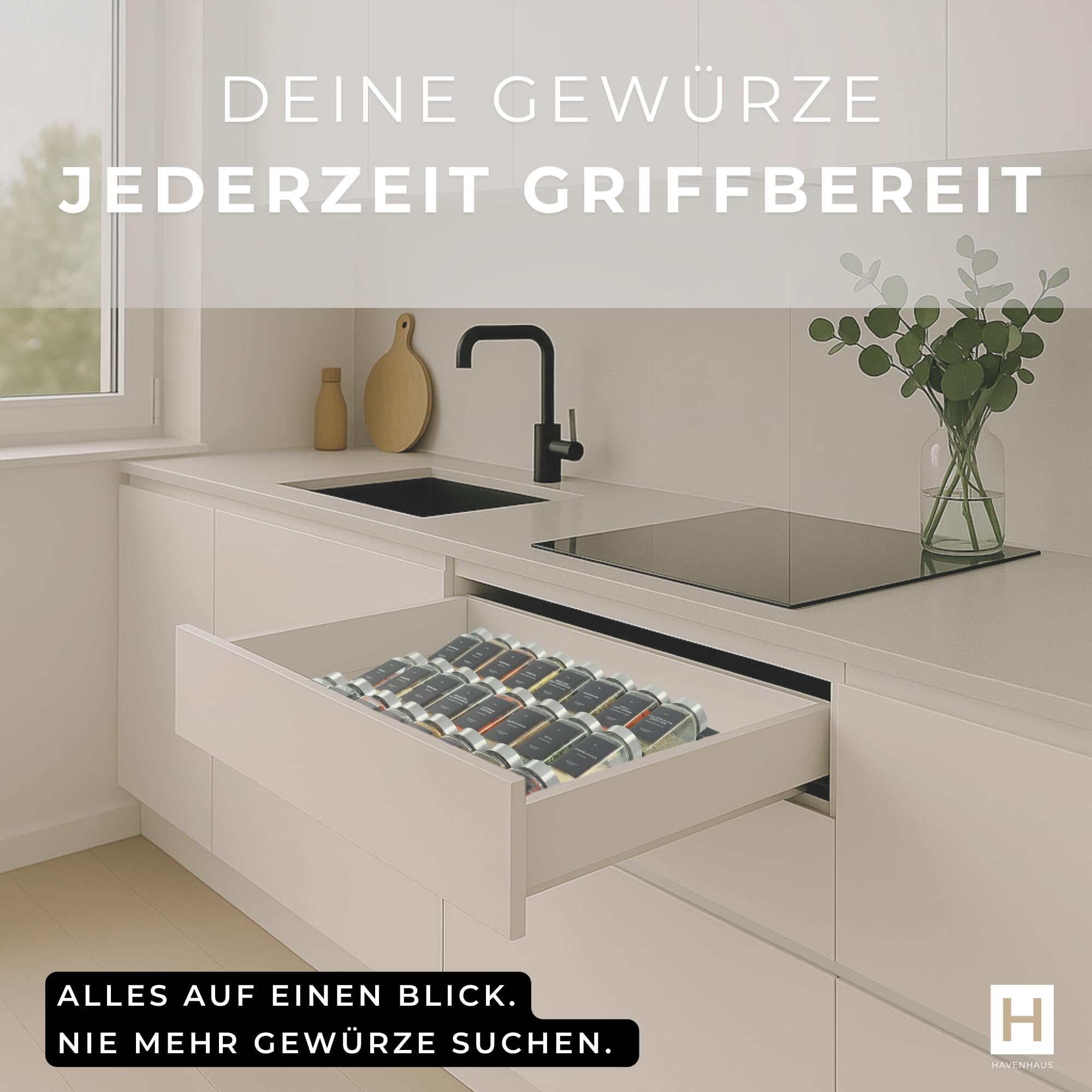 Havenhaus Gewürzgläser Set mit Regal | Gewürzregal Schublade inkl. 24 Gewürzgläser& 336 Gewürzetiketten | Gewürz Organizer Schublade verstellbar& passend für alle Schubladen | Gewürzeinsatz Schublade