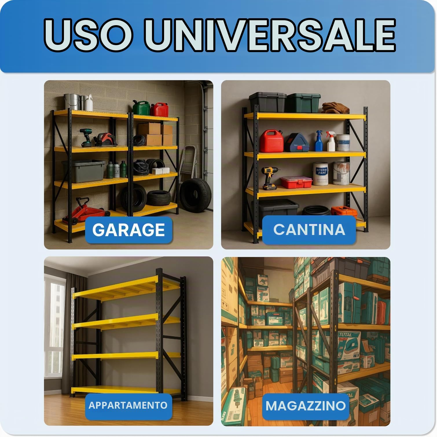 Scaffalatura per carichi pesanti, portata totale 1200 kg, 300 kg per ripiano, scaffale in metallo stabile, 4 ripiani, scaffale per garage, cantina, magazzino, 60 cm di profondità (120 x 60 x