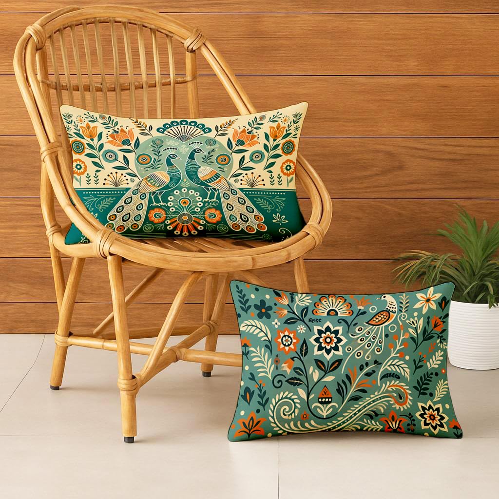 STITCHNEST Ethnic Satin Cushion Covers Twin Peacock with Floral Pattern, 12x18 Inch, Pack of 2 for Traditional Home Decor, Sofa Styling & Gifting