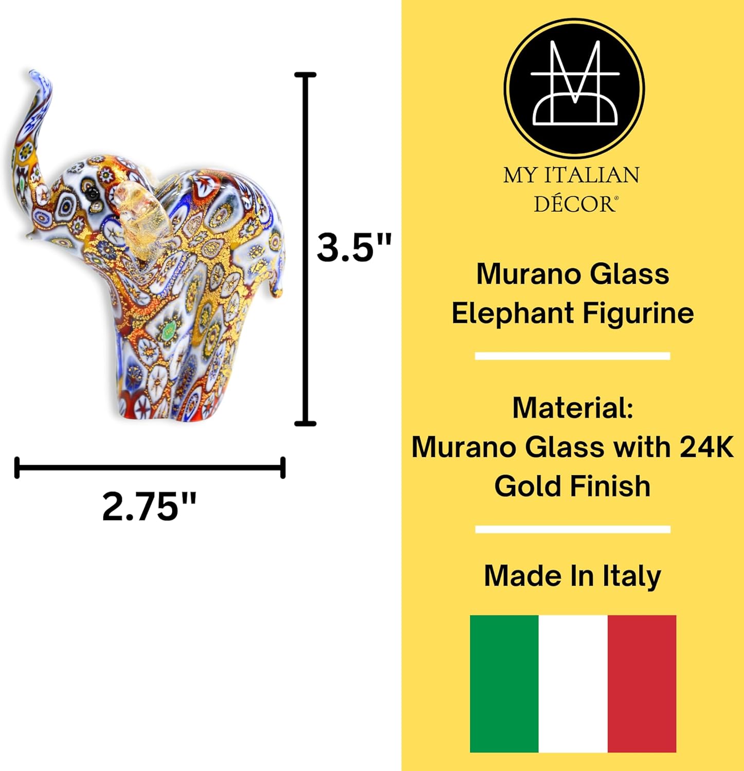 Handmade Authentic Murano Glass Millefiori Mosaic Elephant Figurine, 3.5" Tall, 24K Gold Foil Finish, Cute Glass Elephant Figurine, Collectible, Animal Ornament Gift Decor, Made in Italy