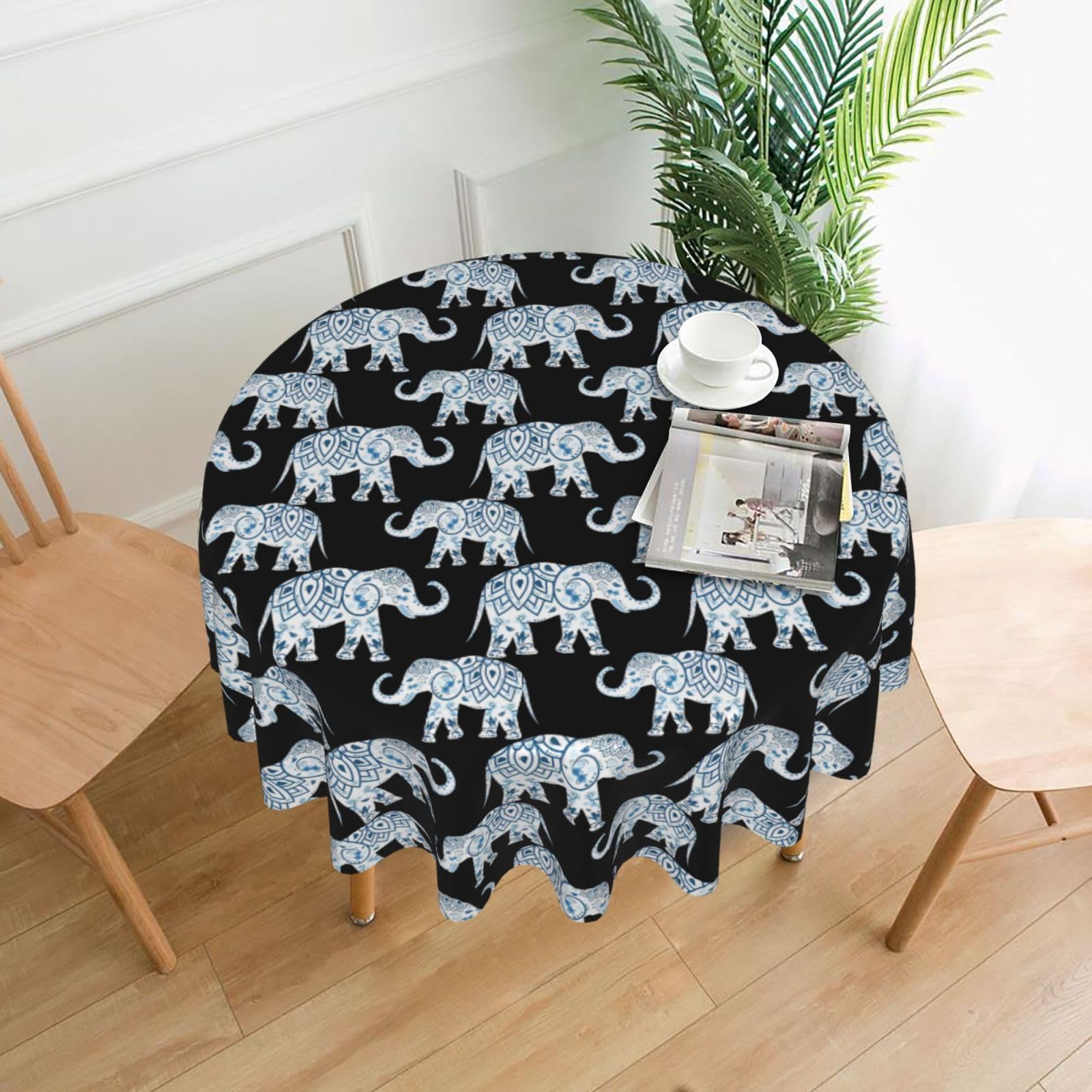 WHJSSF elephant Prints Round Decorative Tablecloth 60in - High-Grade Polyester Table Throw for Dining & Outdoor Parties