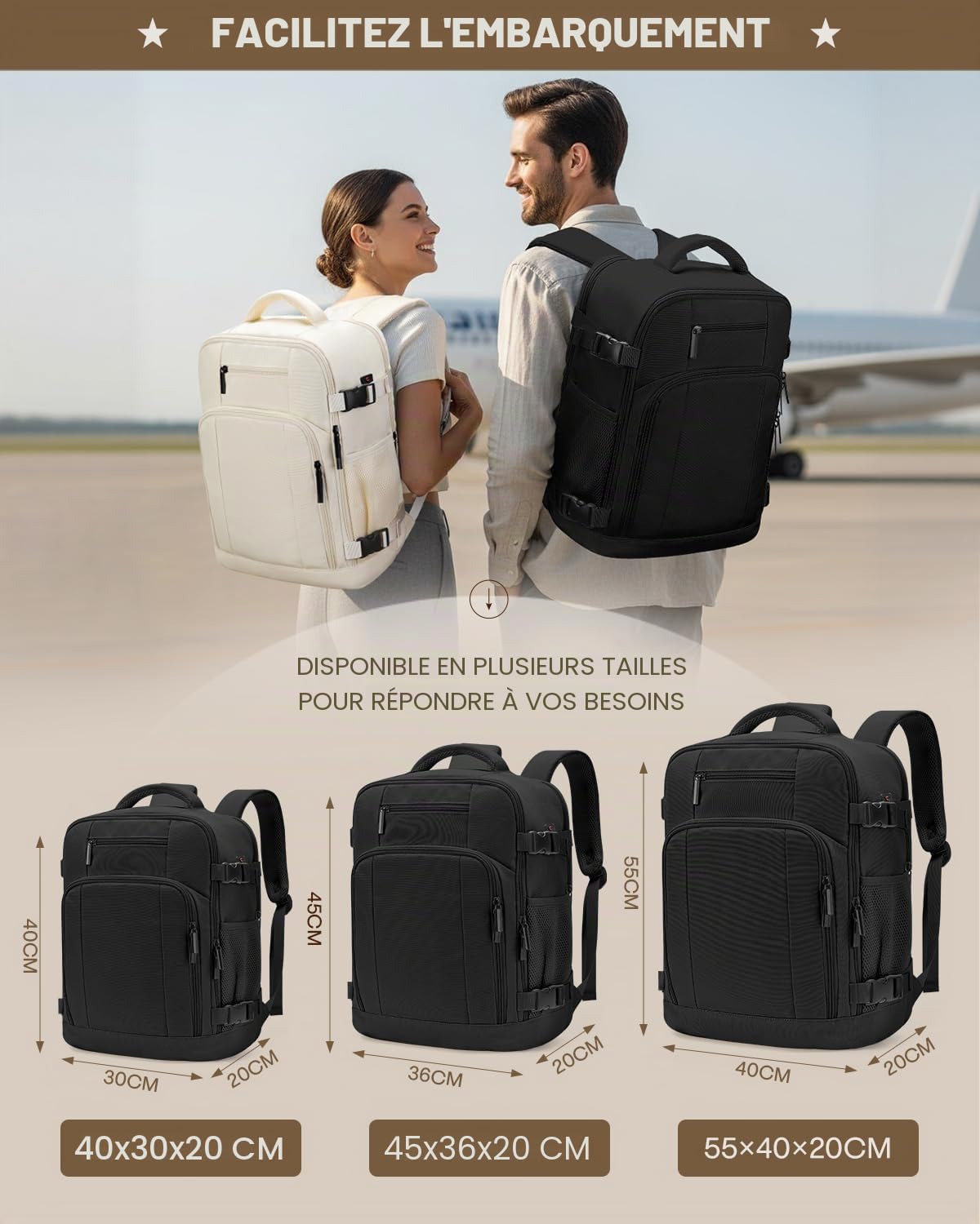 Sac à dos voyage cabine avion–Bagages cabine 55x40x20–Sac de voyage 44L avec compartiment pour ordinateur portable 17,3 pouces et poche antivol