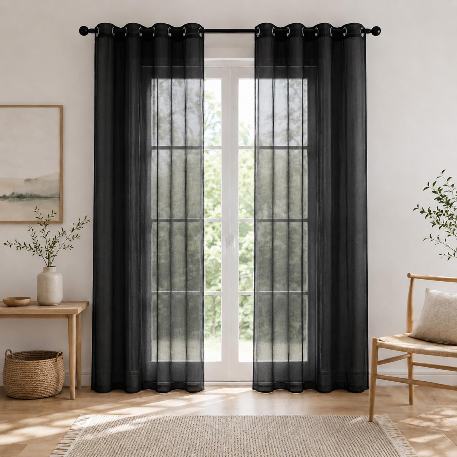 SSWH Voile Curtains Semi Sheer Net Curtains for Windows, Solid Color Light Filtering Eyelet Panels for Living Room Bedroom Kitcken(Size:132x213cm/W 52" x L 84" (2 Panels),Color:Black)