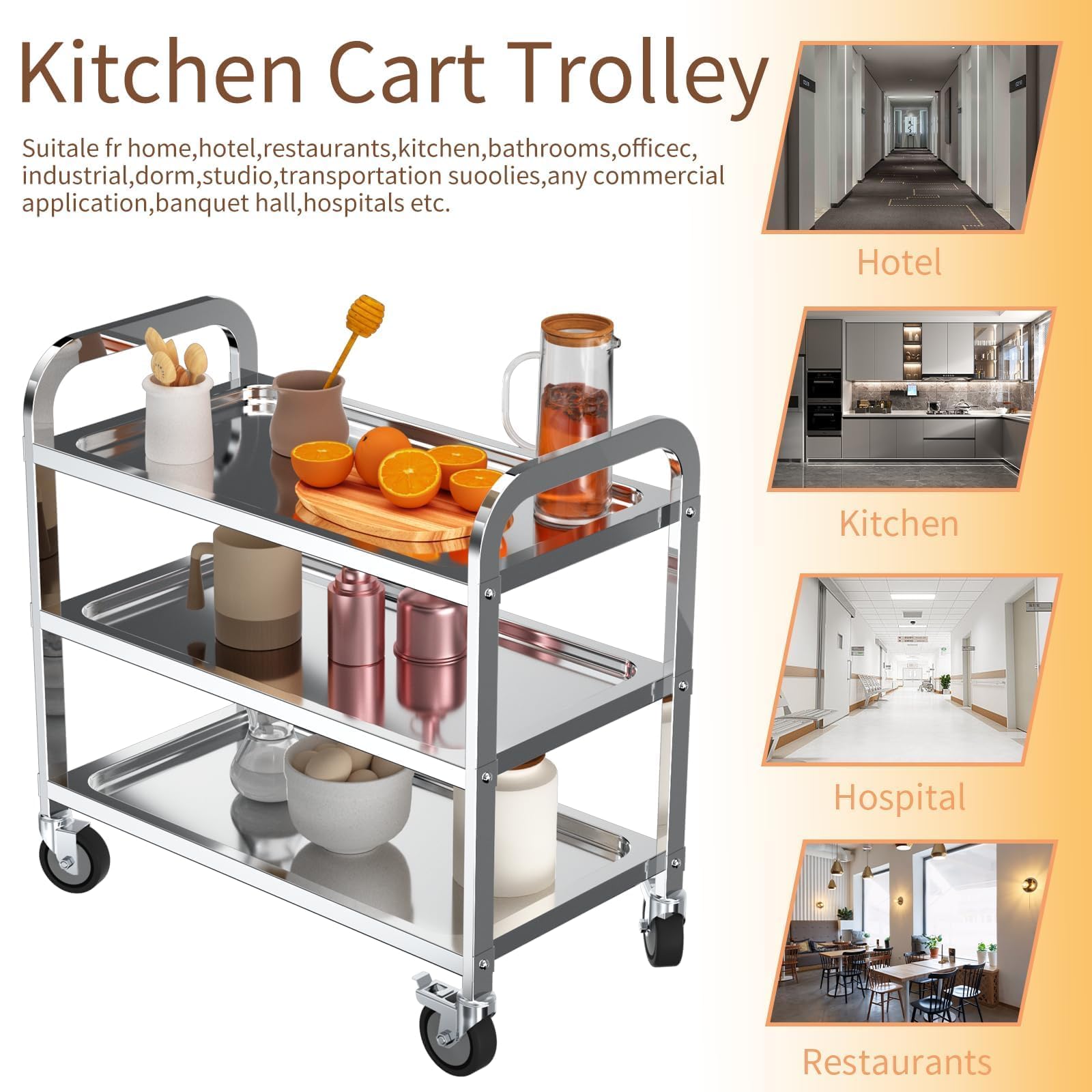 TAIMIKO - Carrello da cucina a 3 ripiani, in acciaio inox, Acciaio inossidabile, 950x500xH950MM