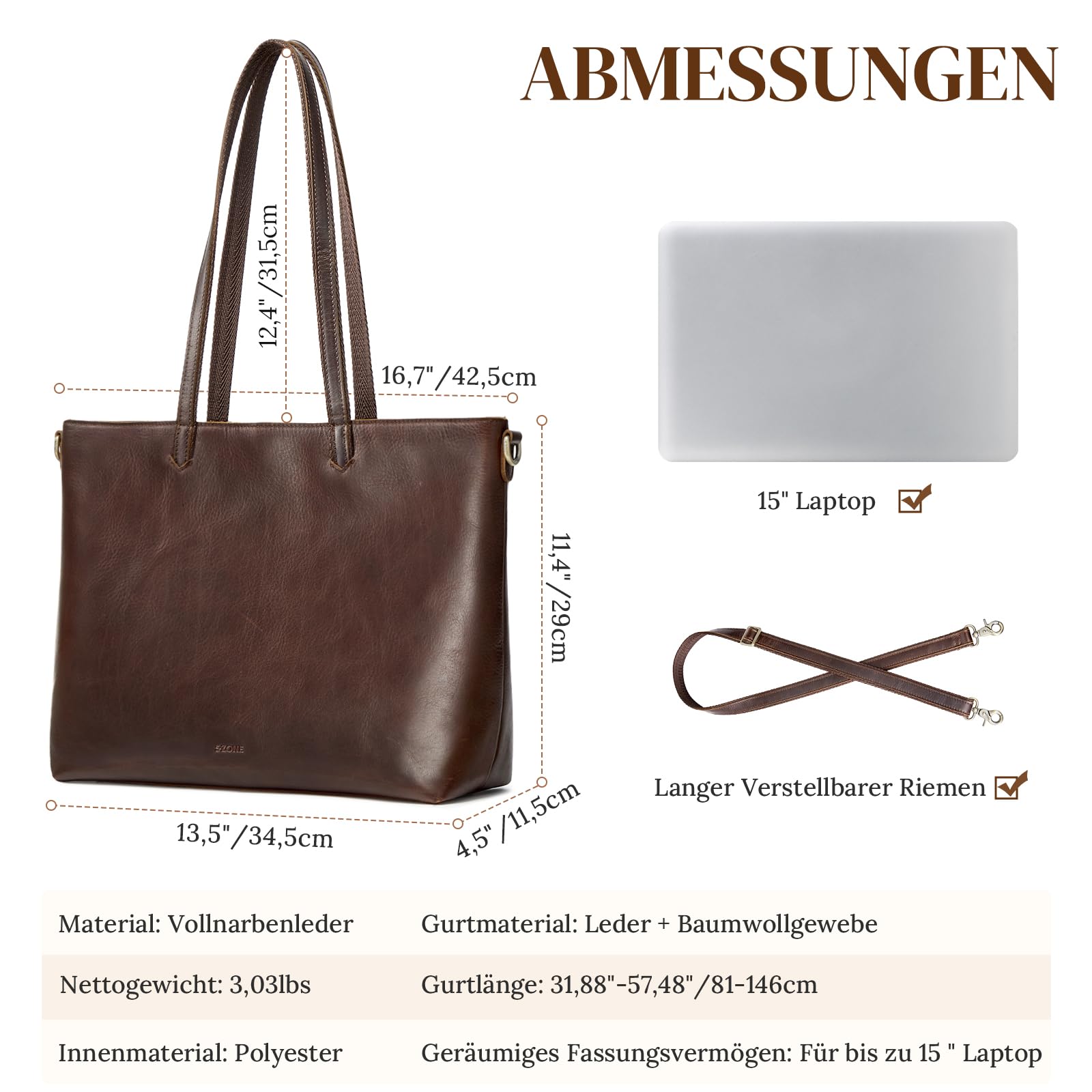 S-ZONE Damen Leder Handtasche Große Shopper Tote Bag Arbeitstasche Schultertasche mit Laptopfach und Handgelenksgeldbörse 2-teiliges Set