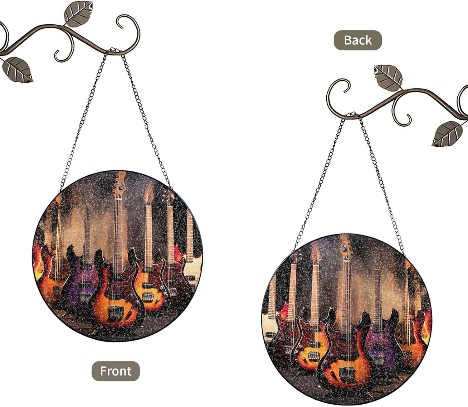 Cool Electric Guitar Stained Glass Suncatcher for Window Hanging Sun Catcher Ornament for Women Men Suncatcher for Home Decor, 6in（15cm） Round Glass Ornament for Mother's Day Birthday Gift