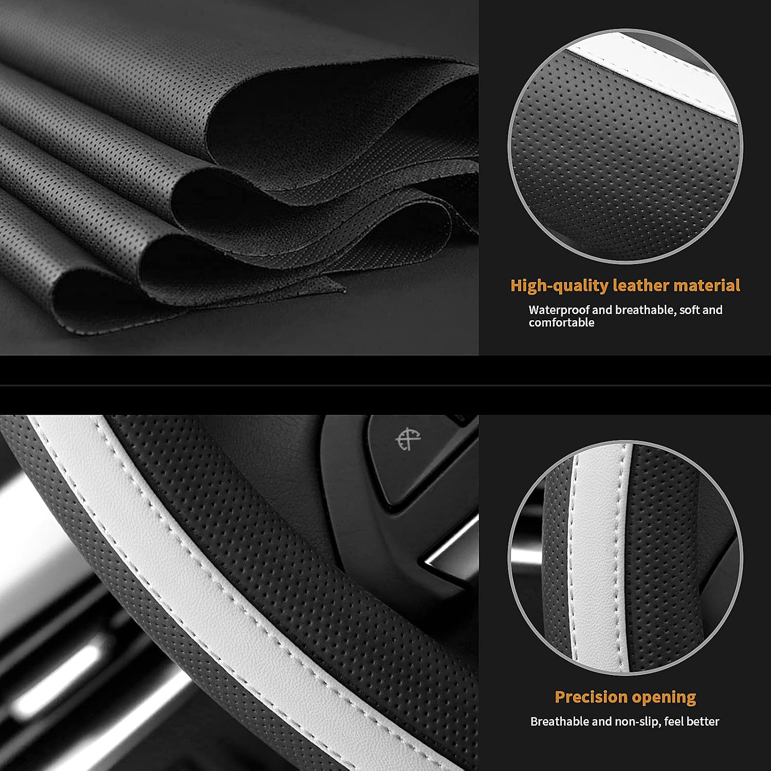 Achiou Leather Steering Wheel Cover with White Lines, Universal Steering Wheel Wrap Suitable for 14.5-15.25 Inch, Soft Comfortable and Breathable Car Accessories