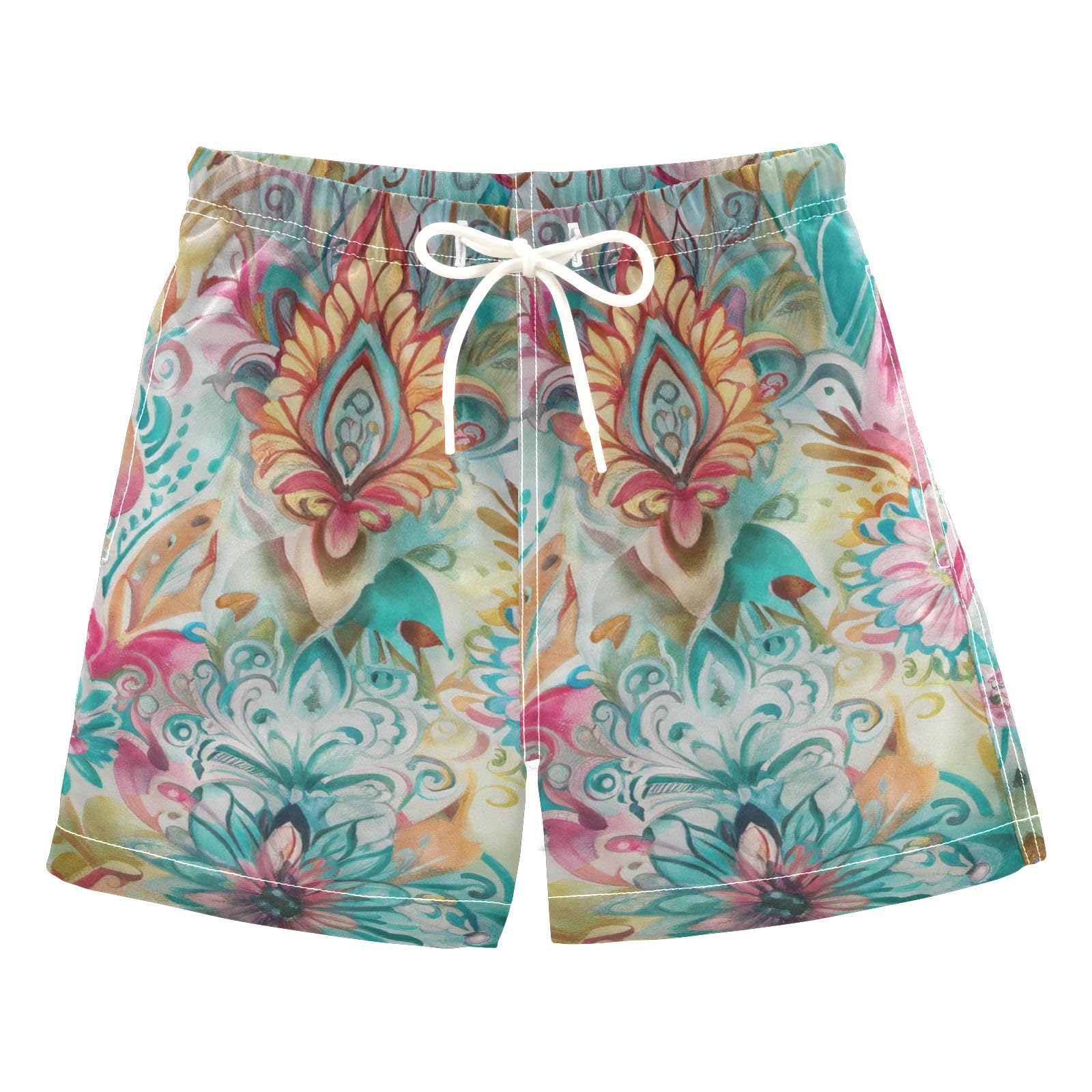 FLildon Ikat Floral Pastel Pattern Little Boys Swim Trunks with Mesh Lining Quick Dry Beach Board Shorts, 3T