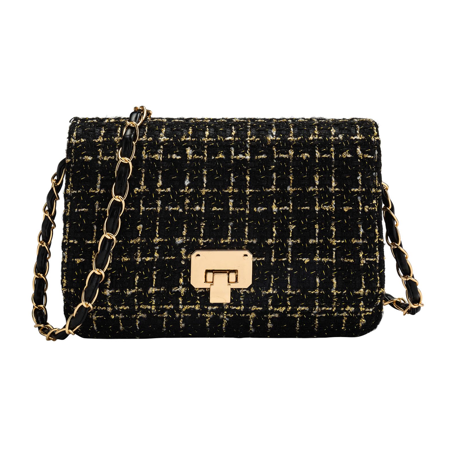 Blisfulady Women's Tweed Shoulder Handbag, Quilted Square Satchel, Chain Crossbody Bag, Evening Clutch Tote bag (BLACK)