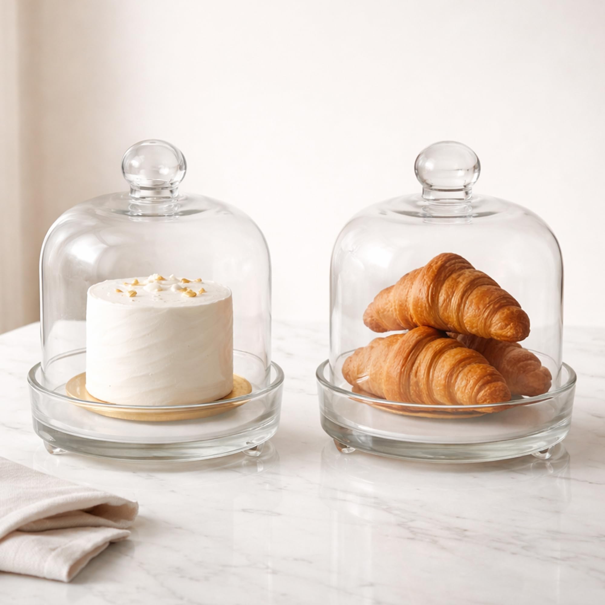kalakriti 6 inch glass cake stand with dome lid (set of 2) | mini dessert display stand with cover | transparent pastry, cupcake, muffin & sweet serving stand | tabletop cake holder for home, café & bakery