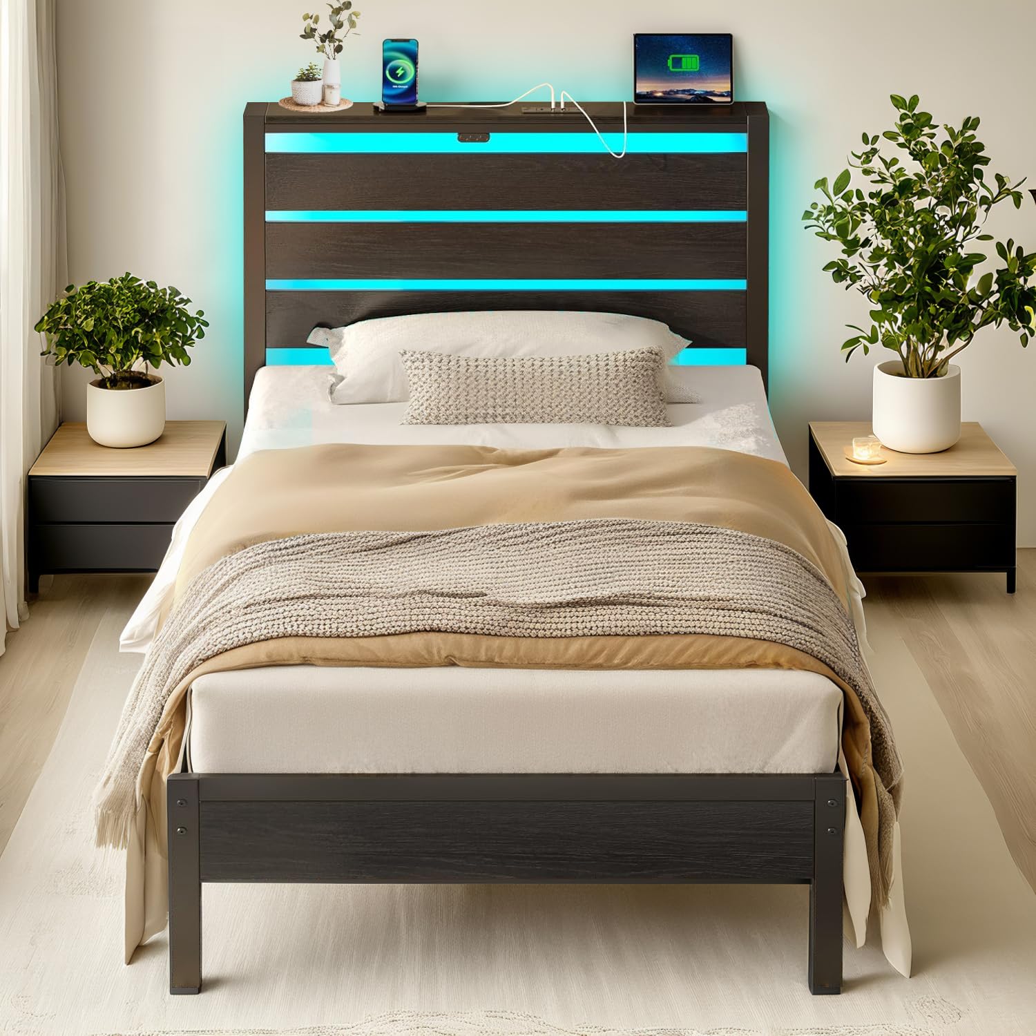 Marco de cama clásico de plataforma de metal, marco de cama individual con cabecero, soporte de listones de acero, marco de cama LED con estación de carga USB, almacenamiento debajo de la