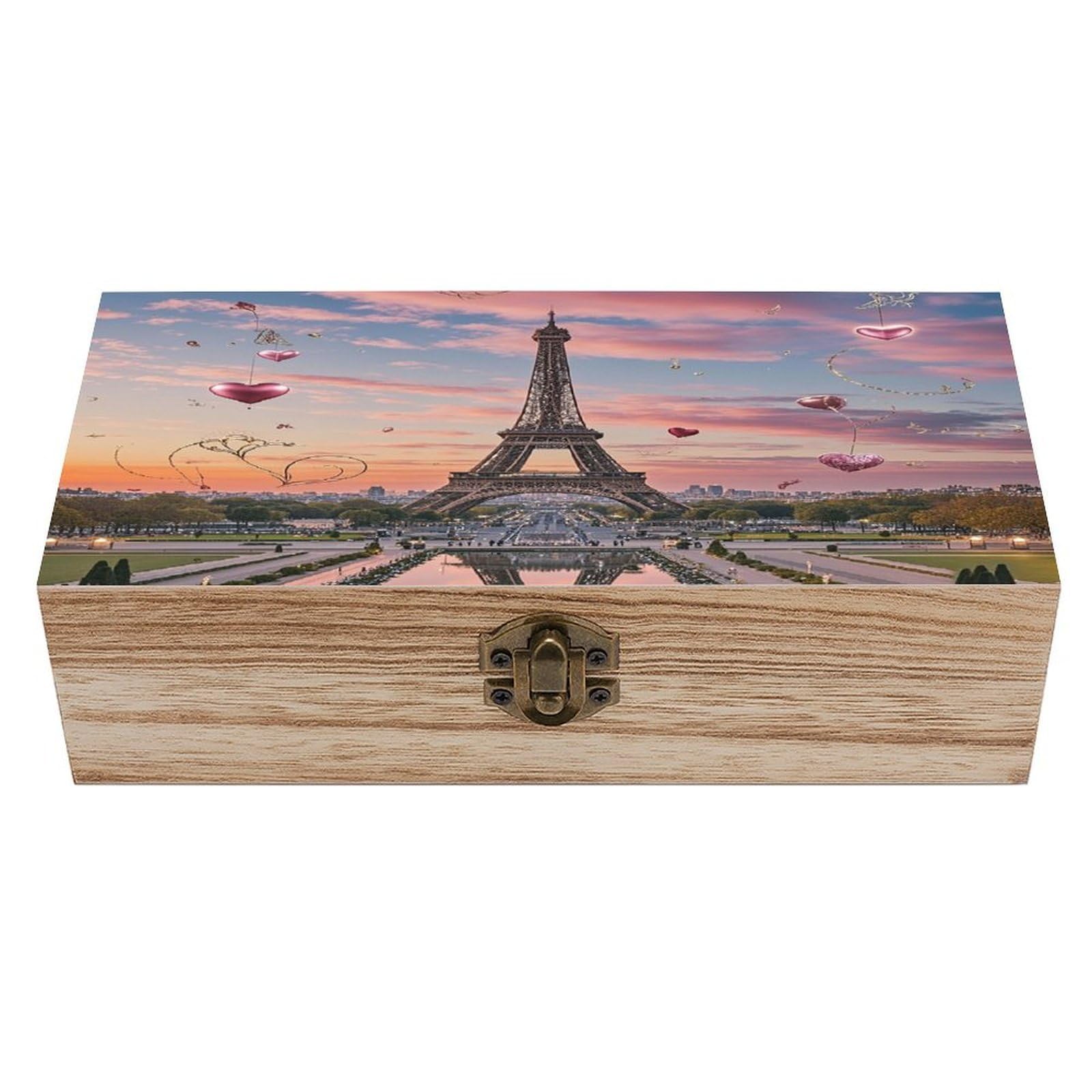 VstaDank Romantic Paris Eiffel Tower Wooden Storage Box Wooden Keepsake Box with A Hinged Lid Fashion Memory Treasure Boxes Decorative Jewelry Case for Crafts Photo Home Decor Wood Gift Box