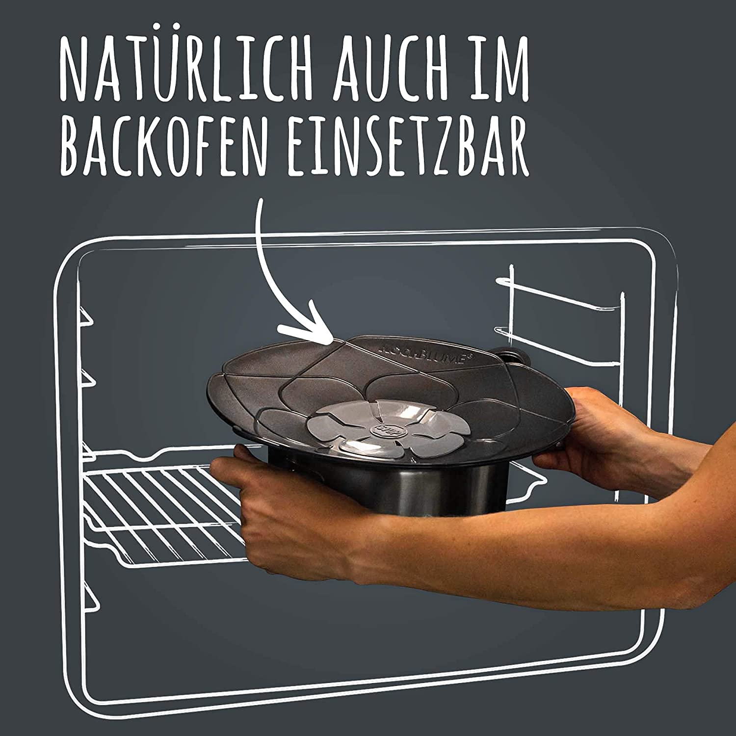 Kochblume das Original, Silikon Überkochschutz für Töpfe und Pfannen, Mikrowellen-Deckel, Spritzschutz und Dampfgar-Aufsatz | (anthrazit, XL | Topfgröße 20-28cm)