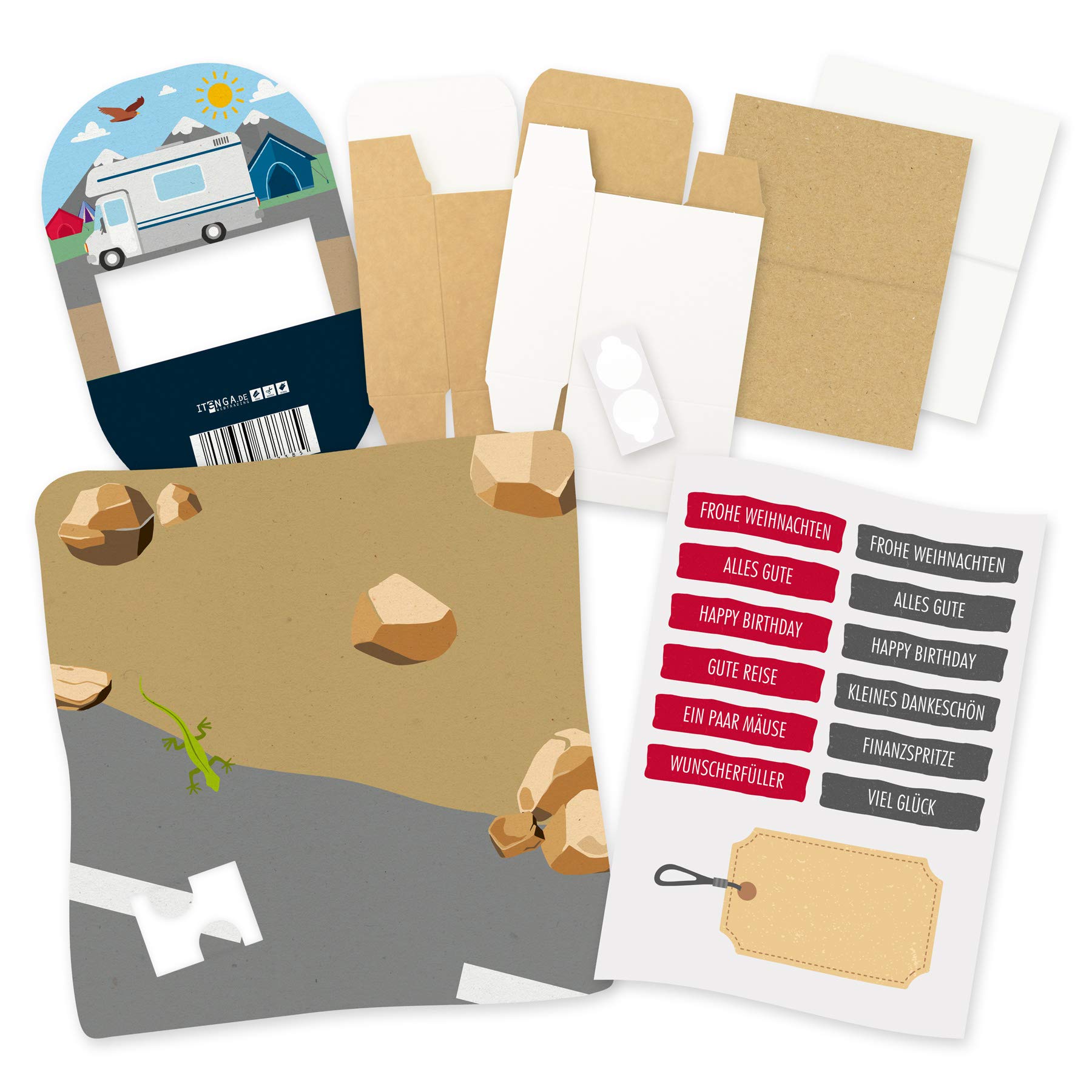 itenga Geldgeschenk Verpackung Camping Wohnmobil mit Zelten Gastgeschenk Verpackung Reisekasse mit Bodenplatte, Geschenkkarte und Stickerbogen Bürobedarf & Schreibwaren