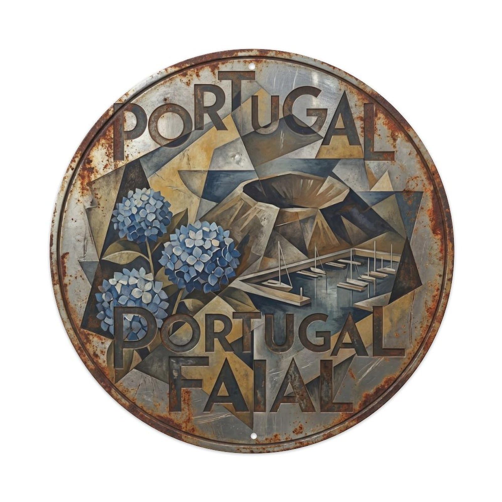 Faial Hydrangeas Portuguese Modern Cubist Nature Travel Metal Tin Sign