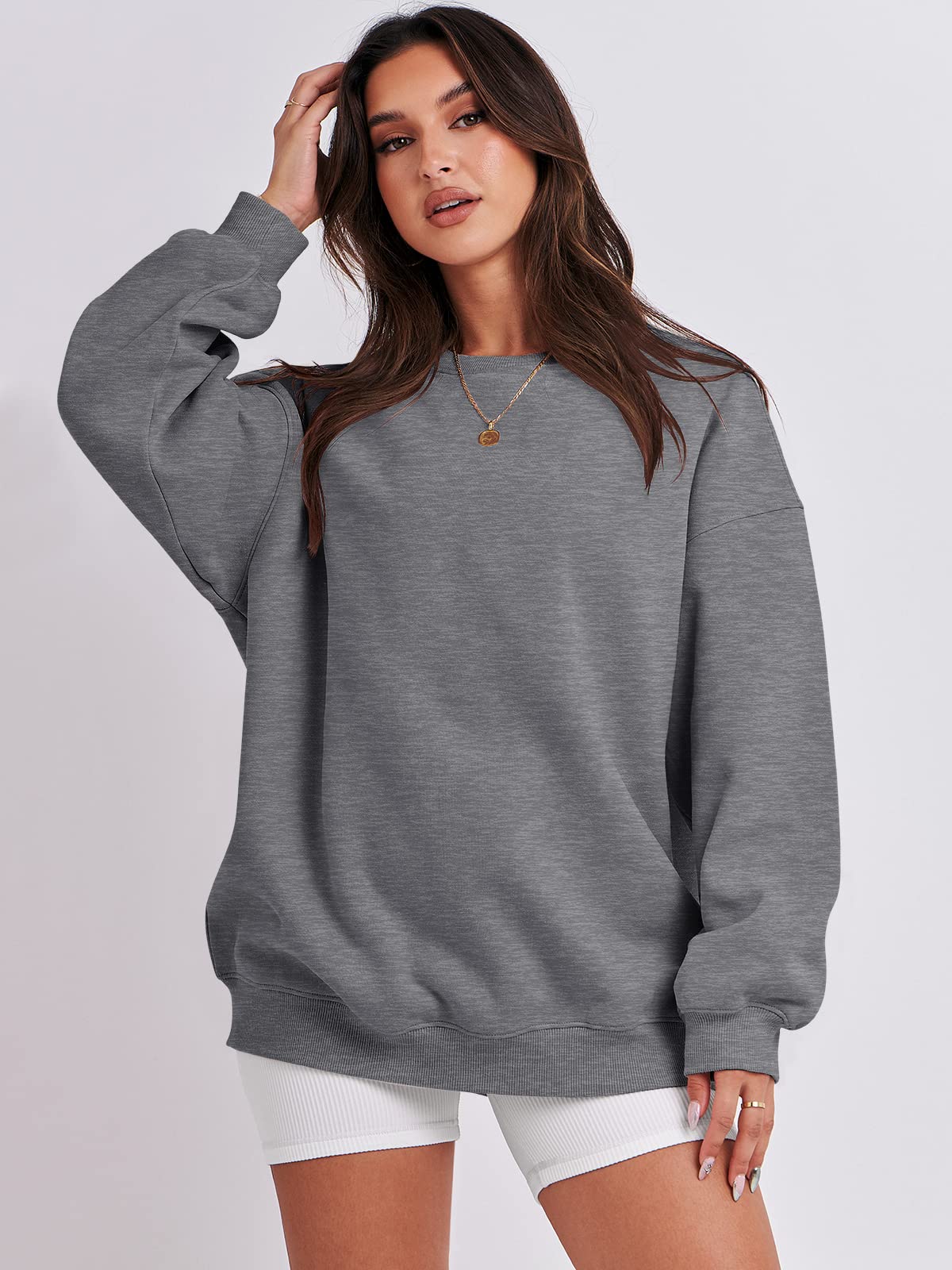 Damskie bluzy oversize bluzy z kapturem polar okrągły dekolt sweter top codzienne jesienne stroje preppy ubrania nastolatki 2024 A1019 światło, Jeden kolor, Gray_S