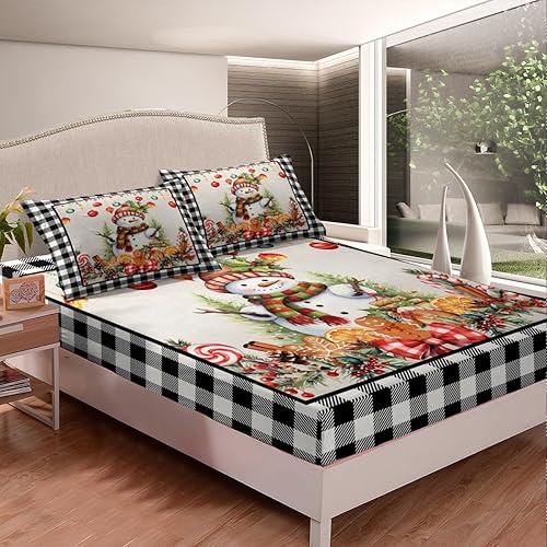 Miniatura 2 de Manfei Juego de sábanas bajeras con diseño de muñeco de nieve de tamaño matrimonial, 3 piezas para decoración de habitación de niños y adultos,