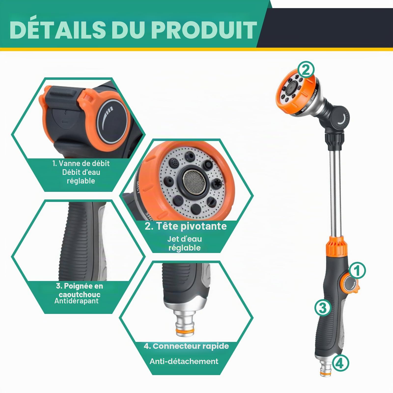 LangRay Pistolet d'arrosage de Jardin, Lance Arrosage 47cm 8 Modèles Réglable Pulvérisateur de Jardin Arrosoir avec 2 Embout Tuyau Arrosage 1/2 Pouce et 1 Buse