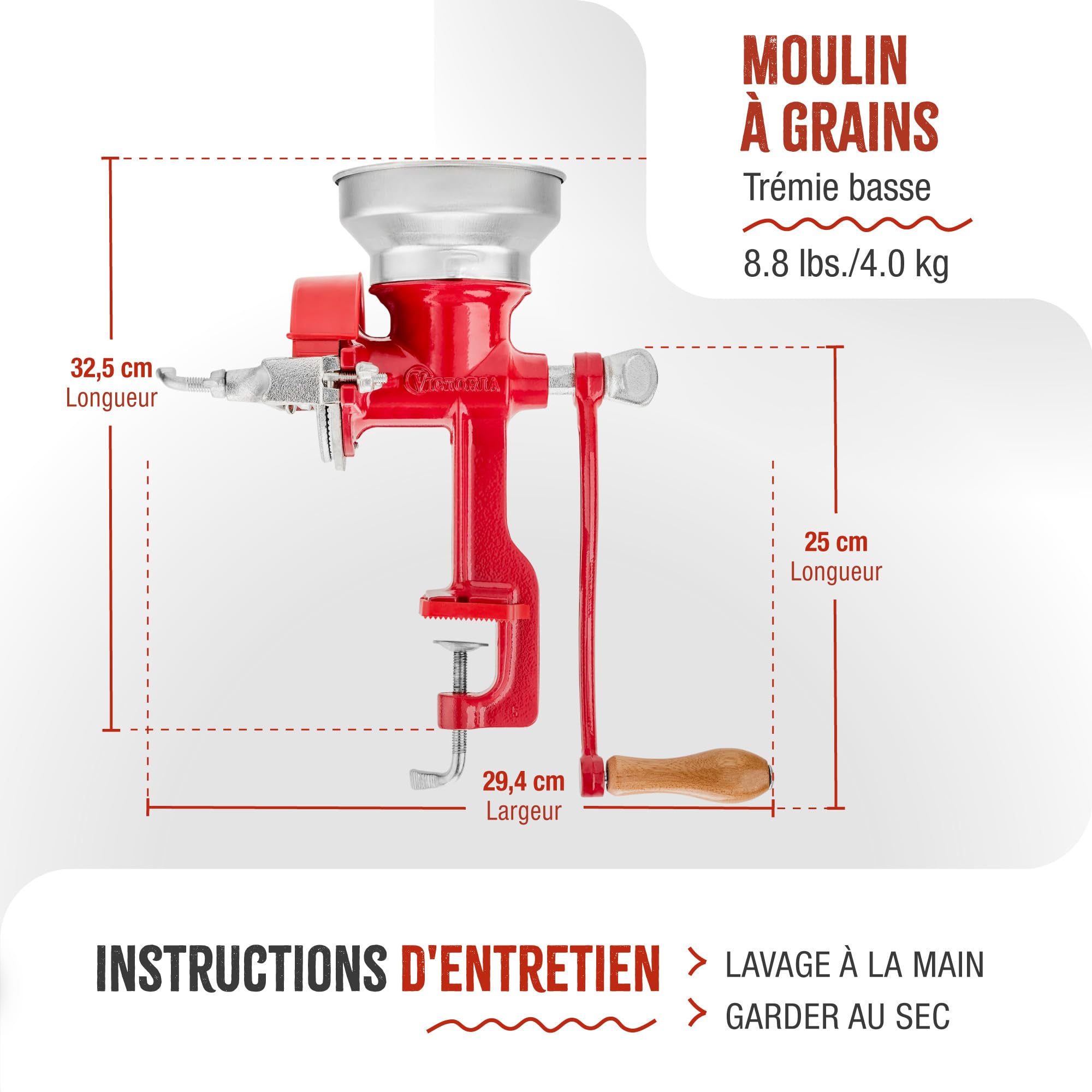 Victoria Moulin à Grains Manuel, Moulin à Main en Fonte pour Moudre le Café, le Maïs, l'Avoine, les Graines, Broyage Réglable, Trémie Basse, Grain Grinder avec Pince de Table, Rouge