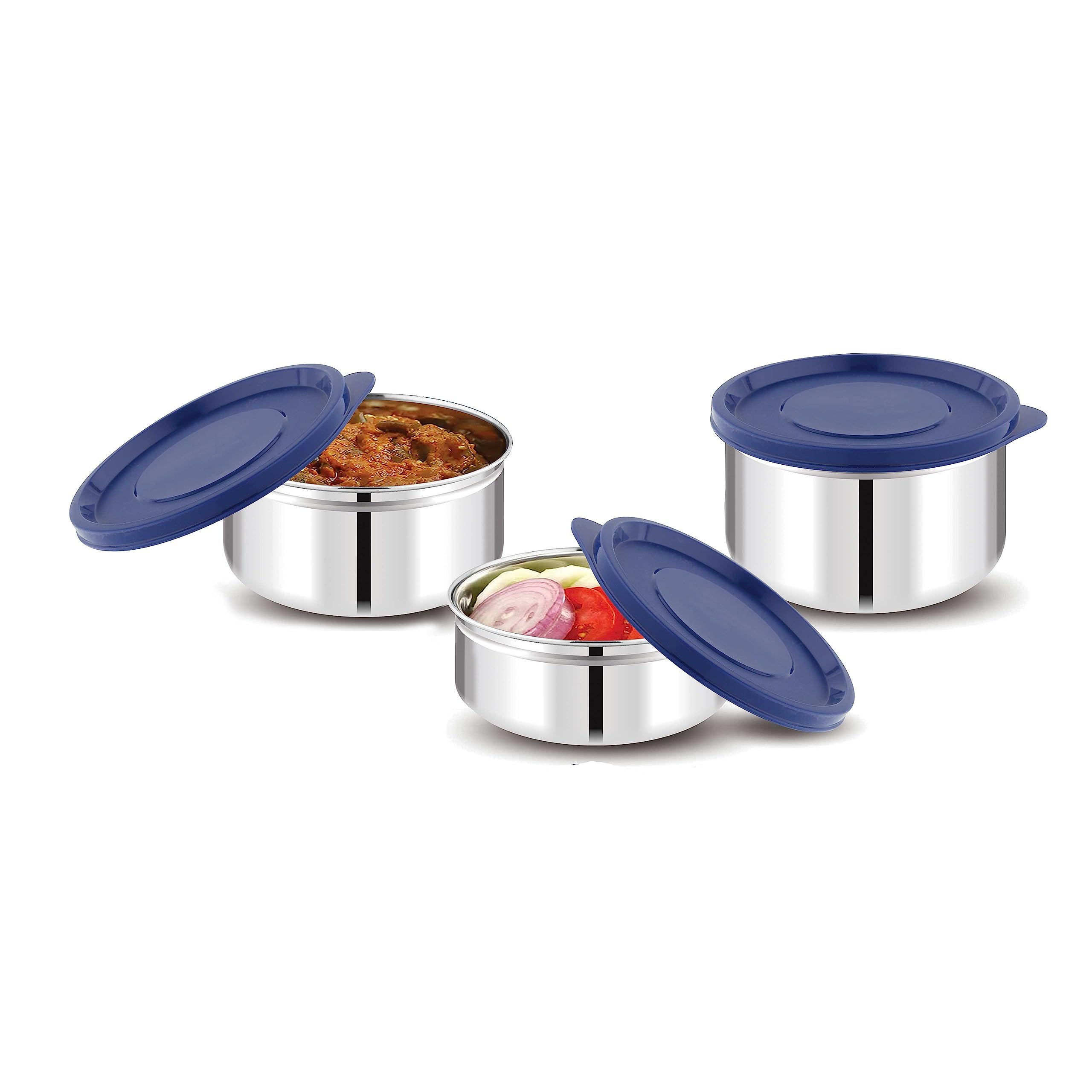 Attro Set of 3 Prime Stainless Steel Single Wall Storage Containers Airtight & Leak Proof Containers for Office Use, School, Picnic, 550 Ml, 400 Ml & 250 Ml - Blue