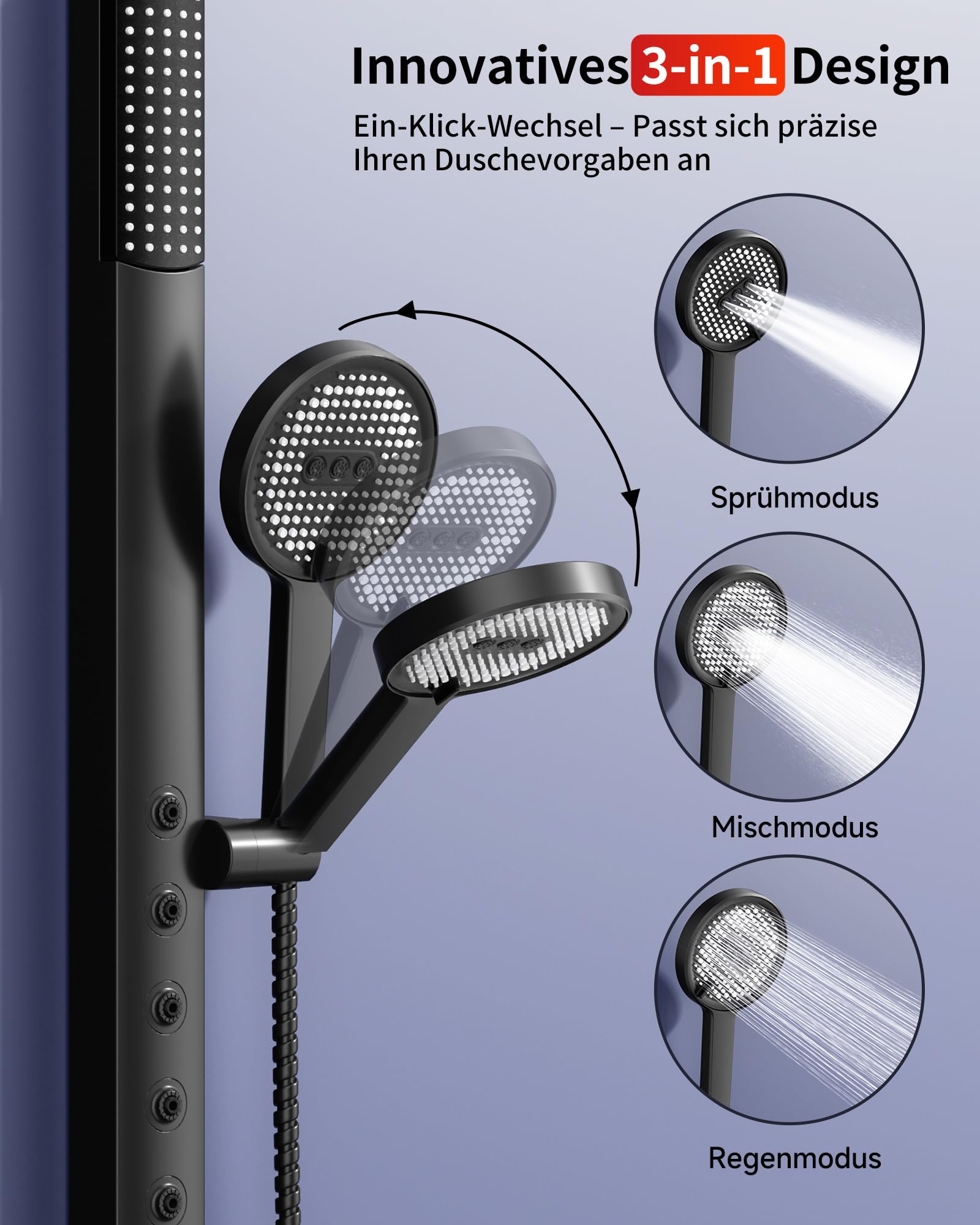 Rainsworth Regendusche ohne Armatur, Höhenverstellbares Duschset, Schwarz | Duschsystem mit 3 Strahl Handbrause, Schlauch & Halterung, 40cm Verstellbare Duschstange für Komfortable Badezimmer Duschen