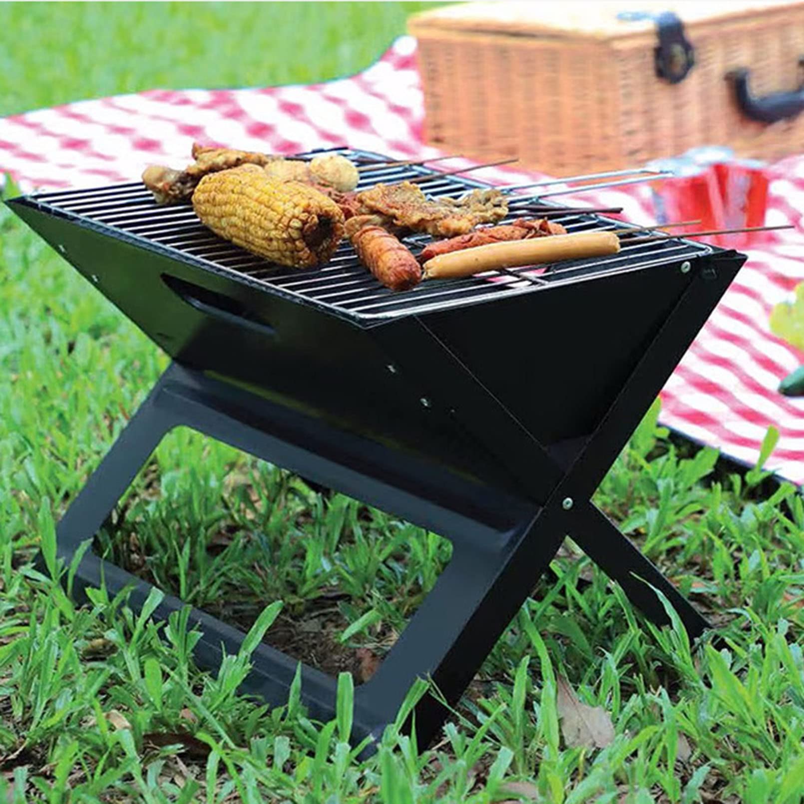 Griglia a carbone pieghevole a X, portatile, in acciaio inox, per barbecue da campeggio, con staffa pieghevole, per viaggi, picnic e tailgating