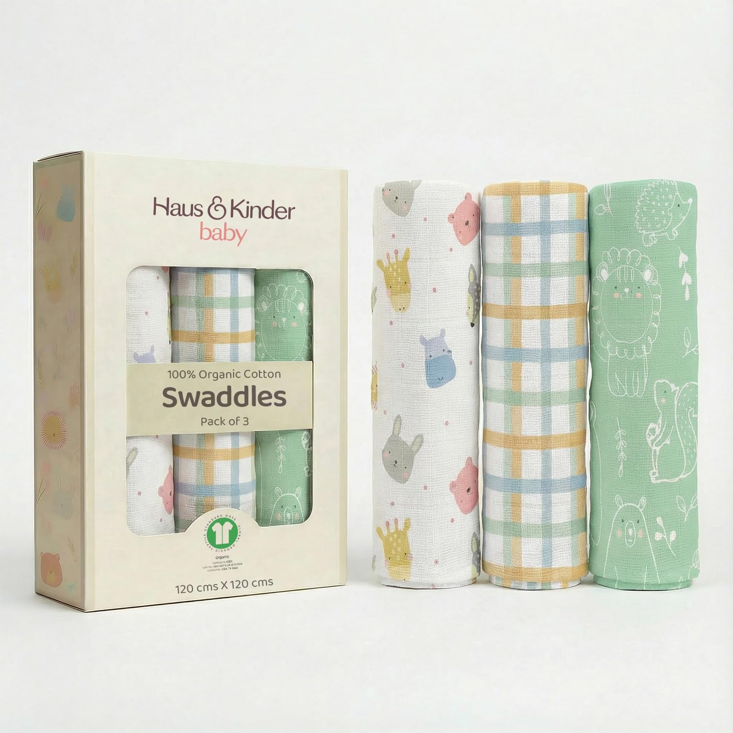 haus & kinder 100% Organic Cotton Muslin Swaddles – Pack of 3 | Baby Towel, Newborn Receiving Blankets Swaddles | Soft Fabric Baby Wrap for Newborn Babies Essential, 120x120 Cm – Jungle Jigsaw